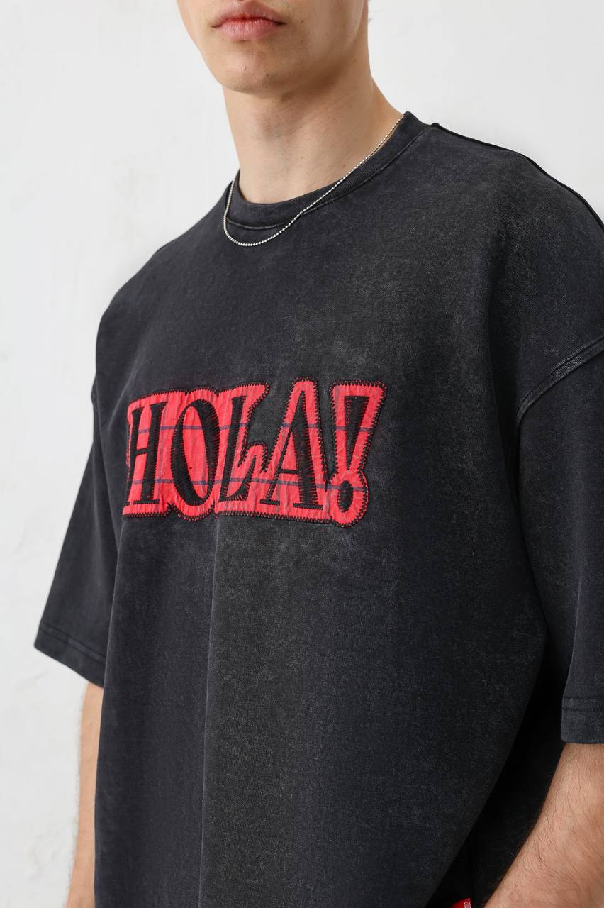 Oversize Premium Yıkamalı Nakışlı Siyah Tshirt 9410