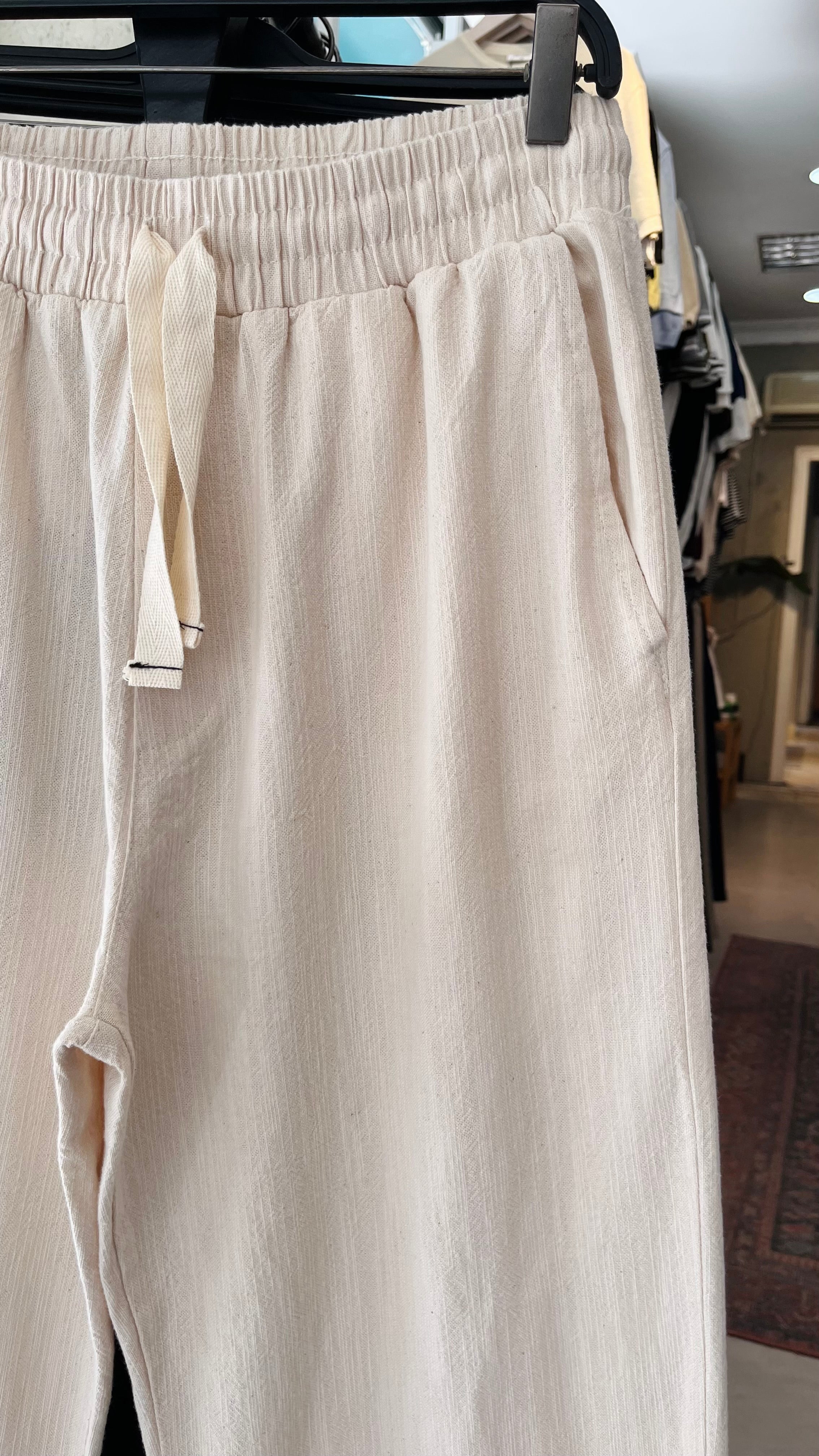 Baggy Nakış Detaylı Bej Keten Pantolon 6223