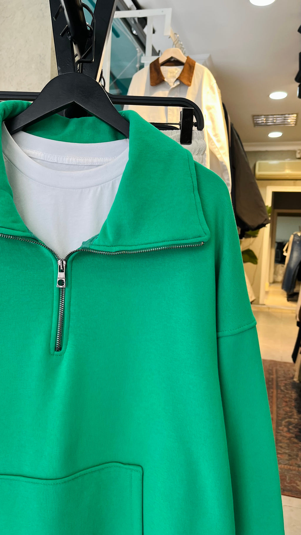 Oversize Yakalı Fermuarlı Yeşil Sweatshirt 5001