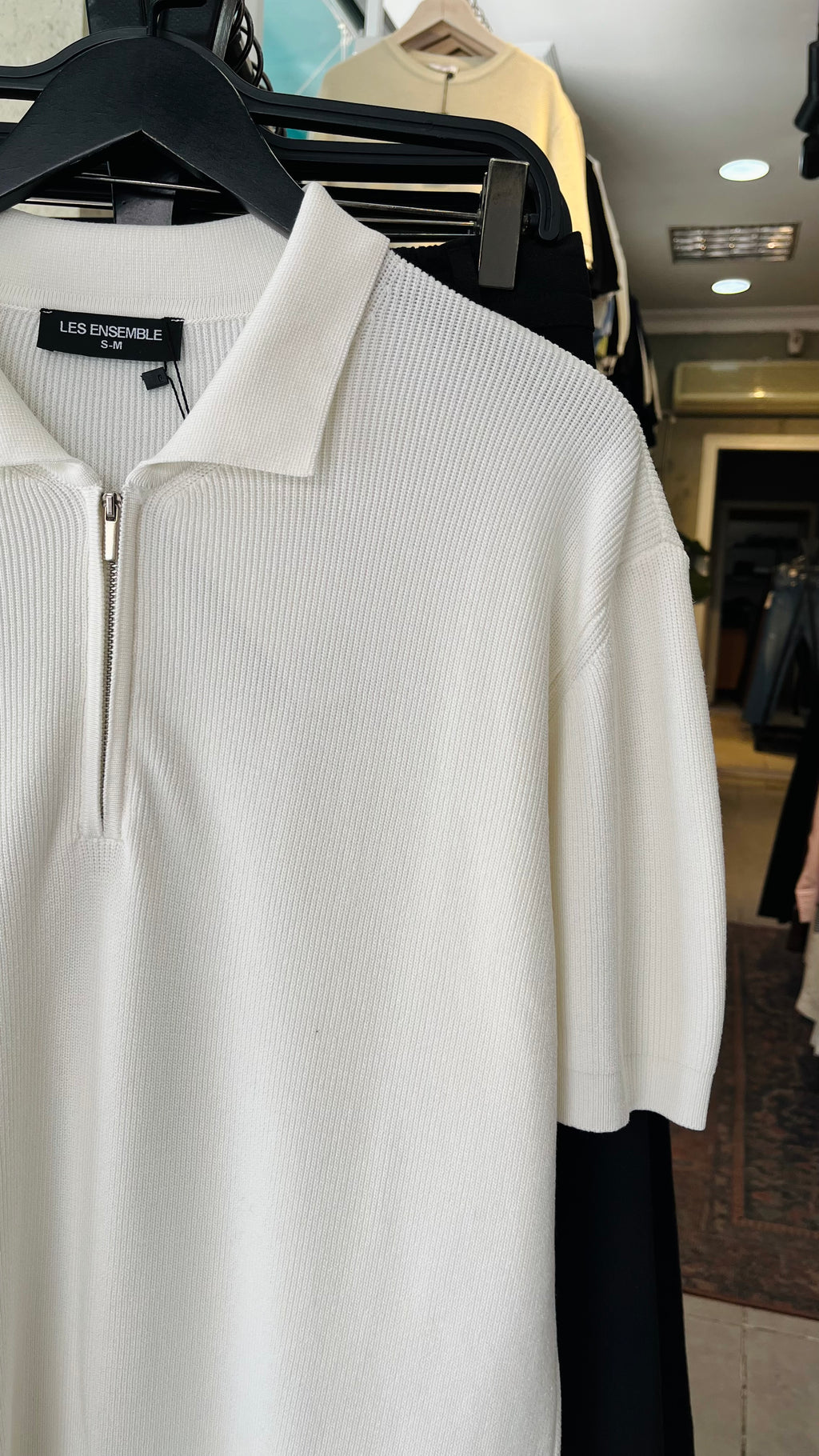 Oversize Yarım Fermuarlı Triko Beyaz Tshirt 9429