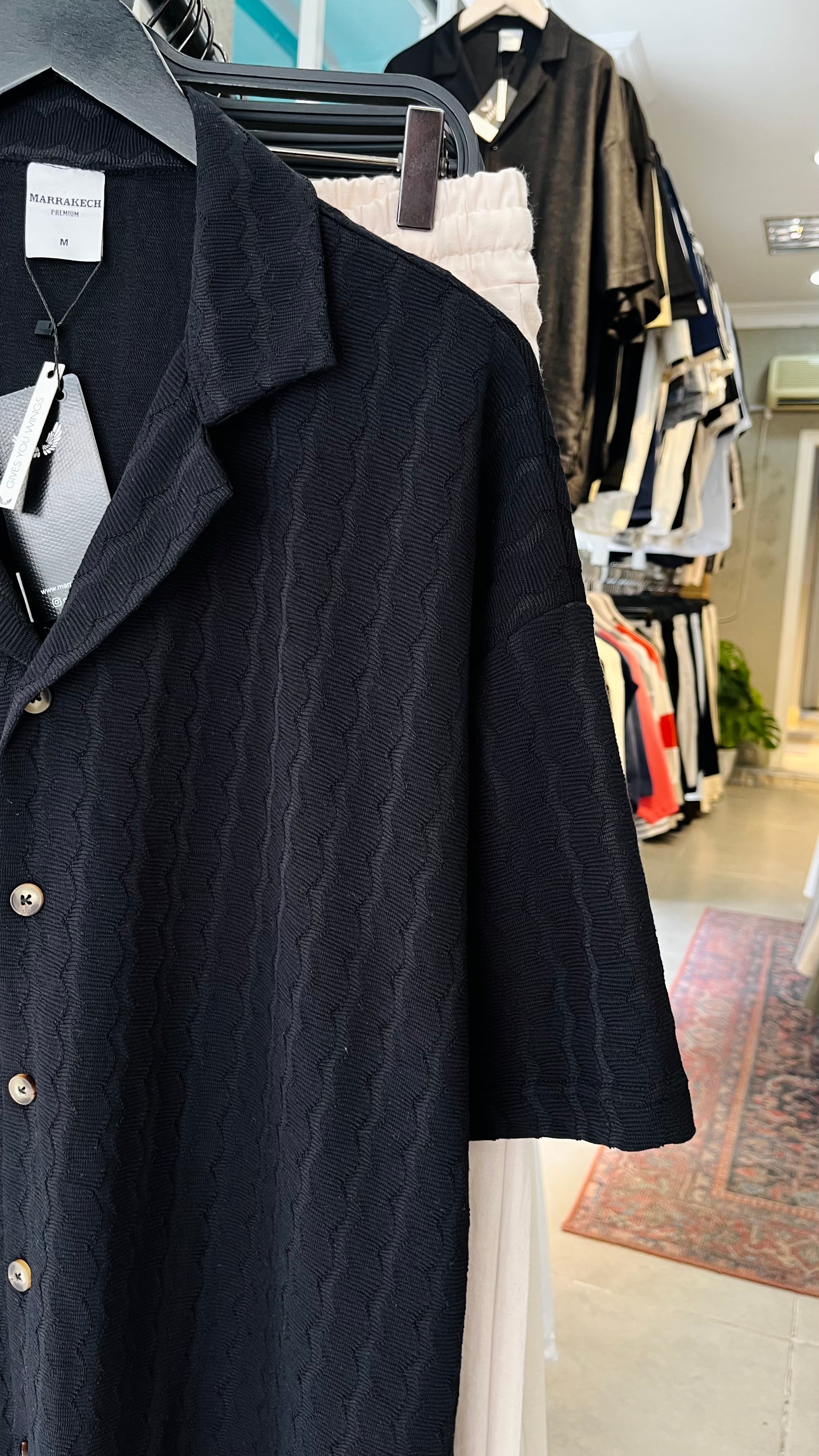 Oversize Apaş Yaka Kısa Kollu Gömlek - Siyah 5412