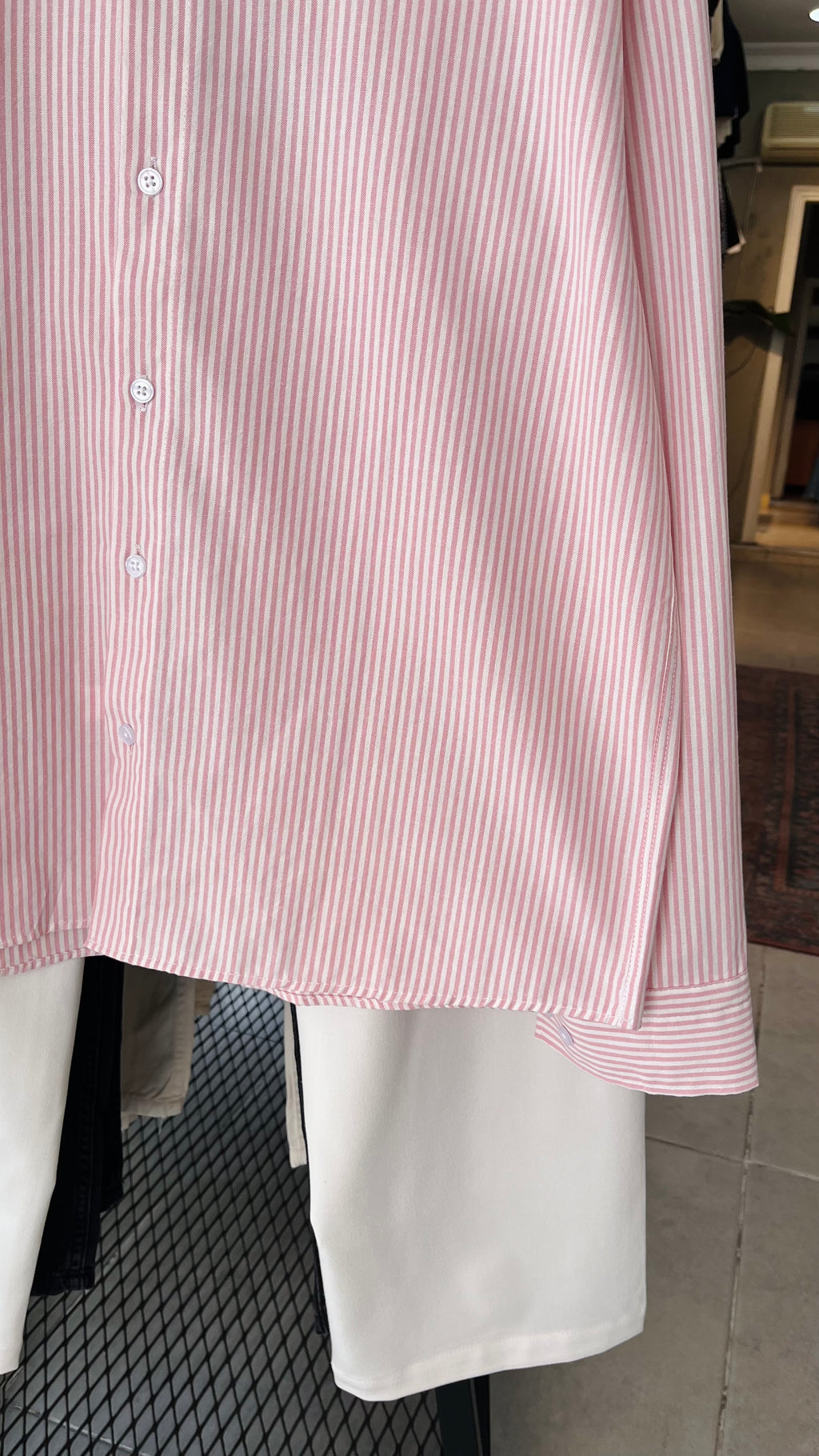 Oversize Pembe Beyaz Çizgili Uzun Kollu Gömlek 5496