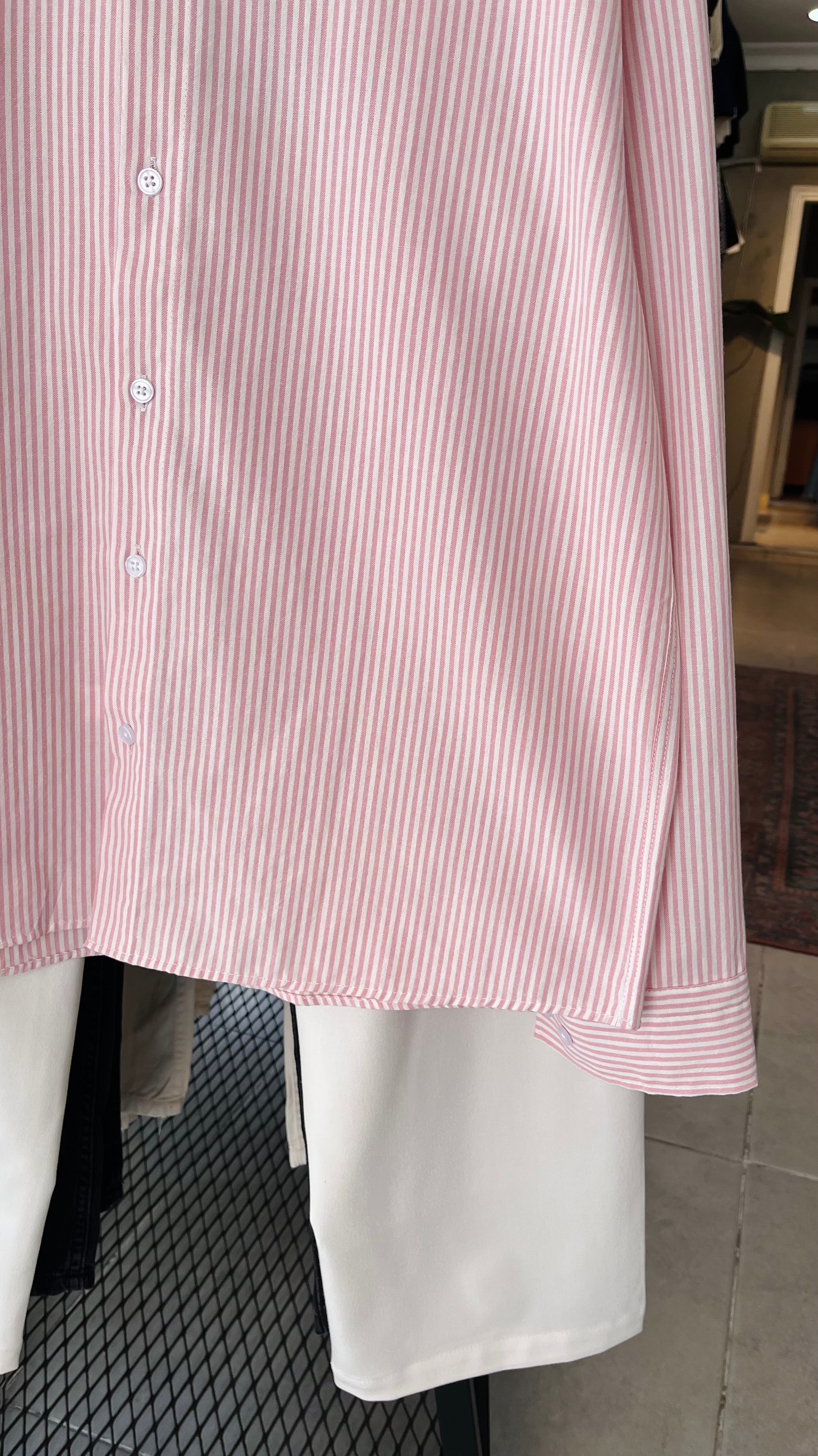 Oversize Pembe Beyaz Çizgili Uzun Kollu Gömlek 5496