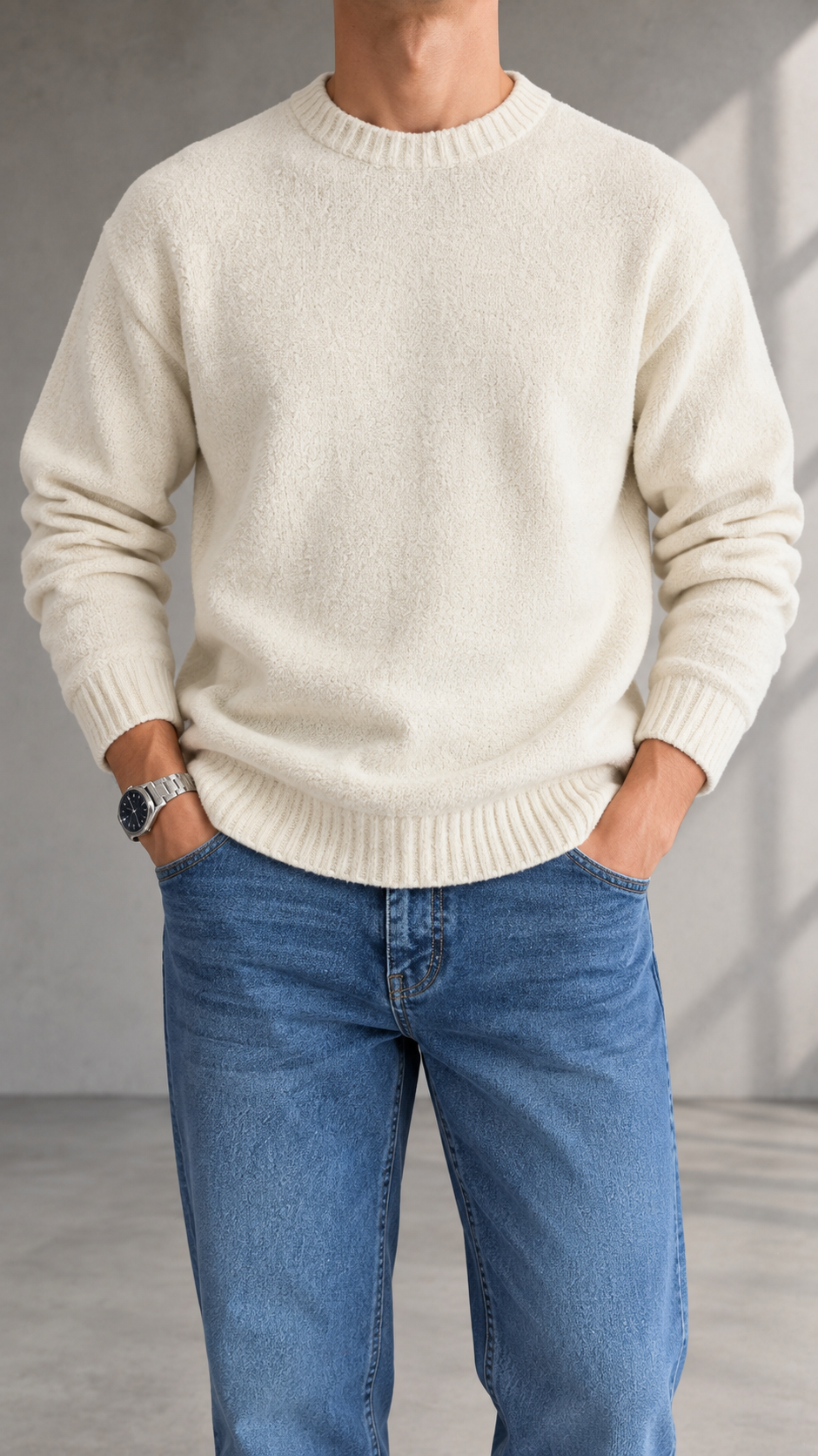 Oversize Buklet Ekru Triko Kazak 5120