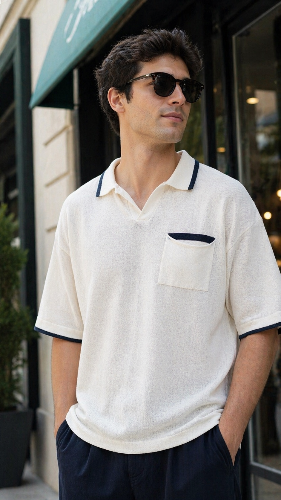 Oversize Bej Cep Detaylı Yakalı Tshirt – Bej 9295