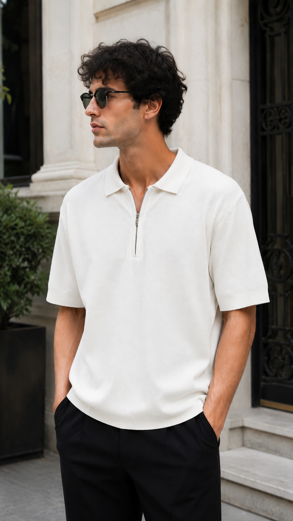 Oversize Yarım Fermuarlı Triko Beyaz Tshirt 9429
