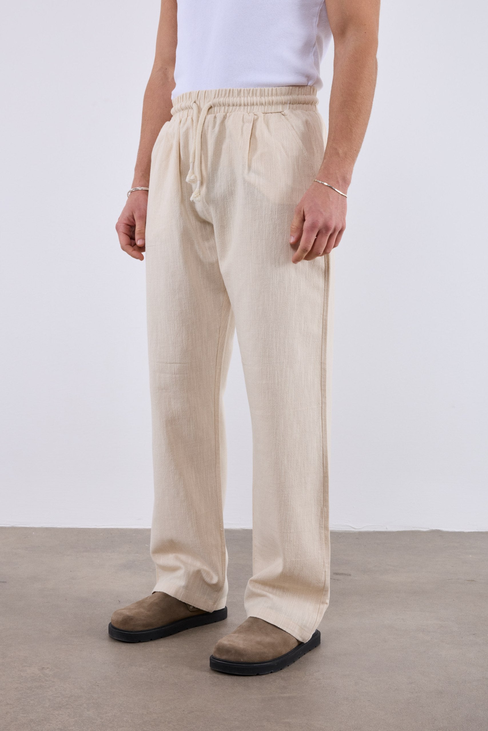 Baggy Halat İp Detaylı Bej Keten Pantolon 6217