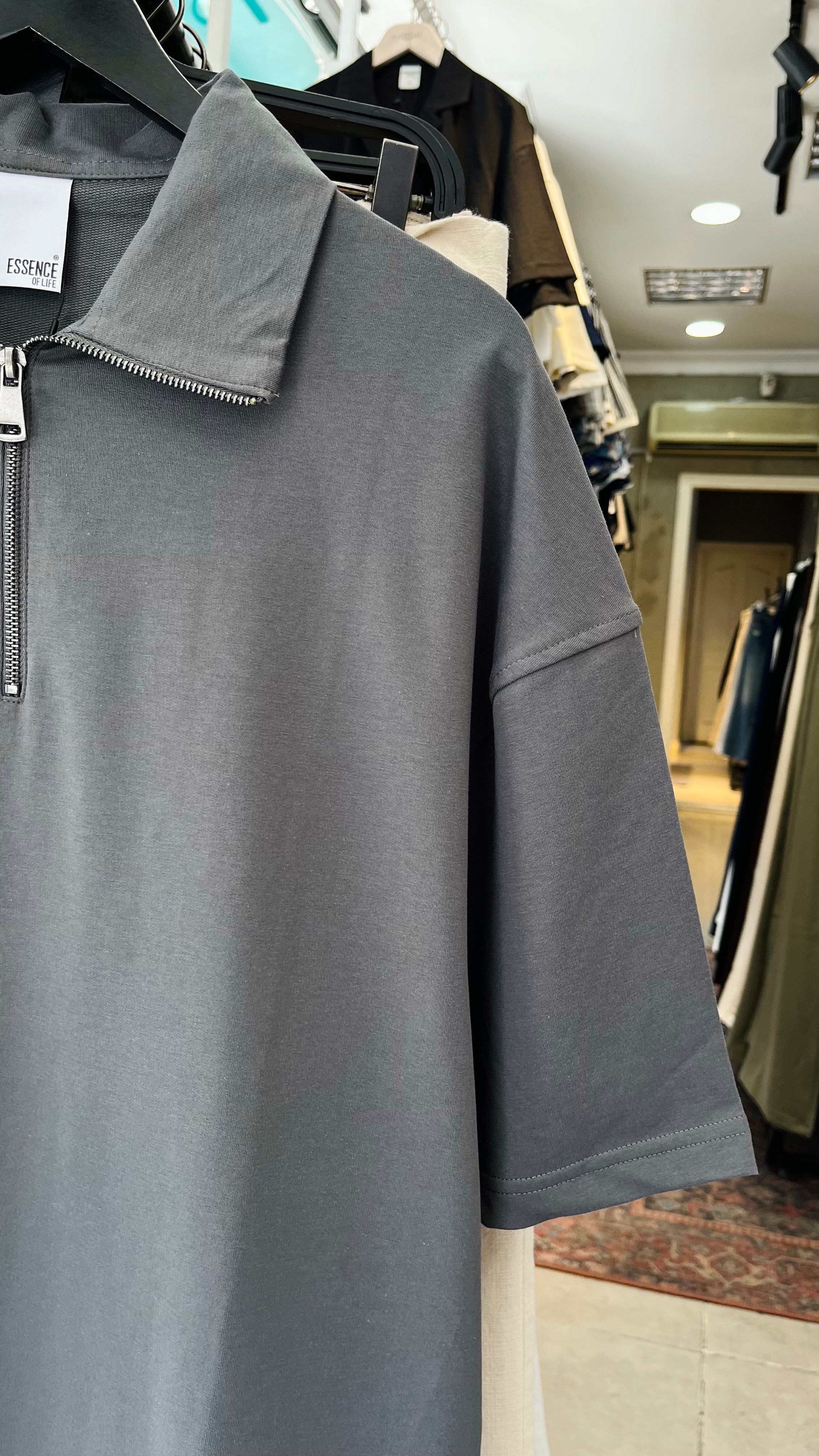 Oversize Gri Yakalı Fermuarlı Tshirt – Gri 9308