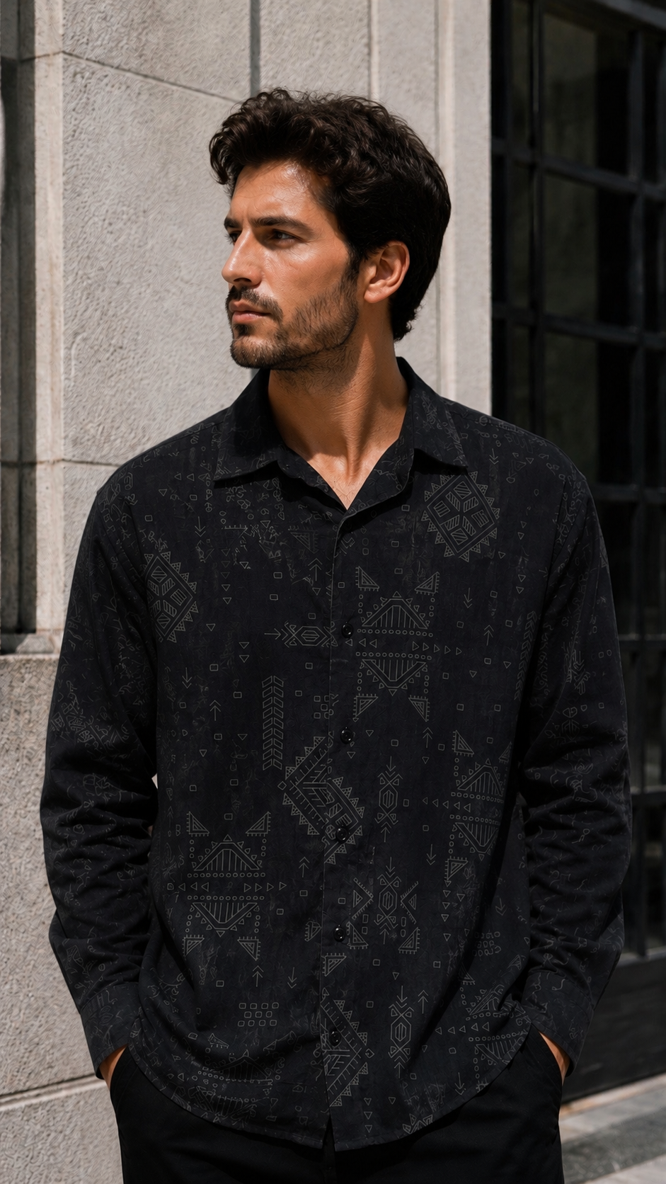 Oversize Siyah Desenli Uzun Kollu Gömlek 5483