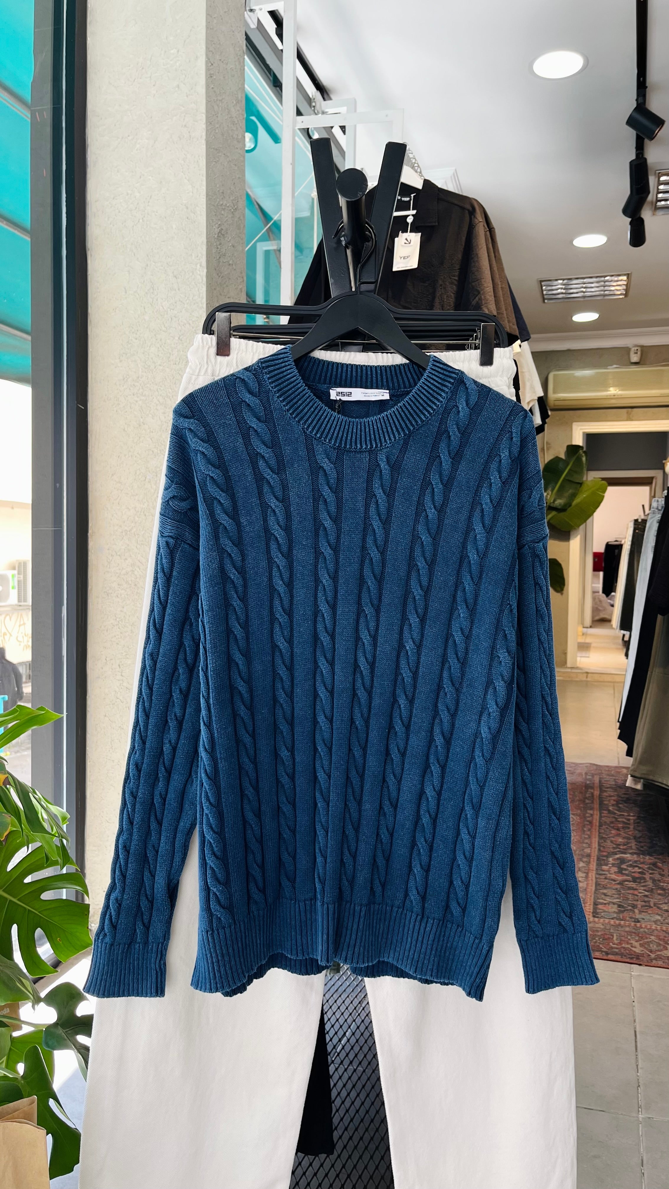 Oversize Örgü Desenli Yıkamalı Lacivert Triko 7004