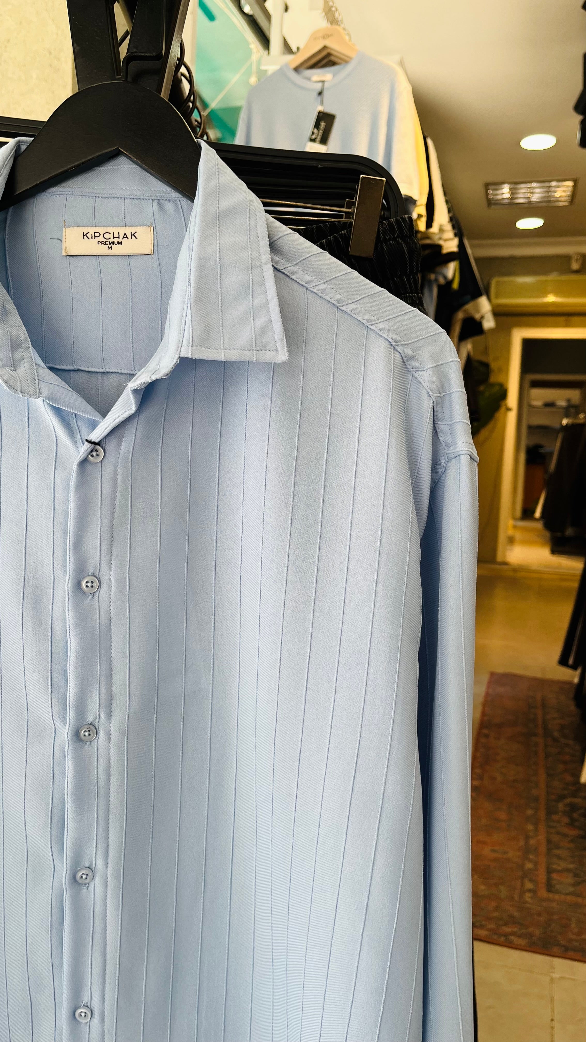 Oversize Bebe Mavisi Kendiliğinden Desenli Gömlek 5474