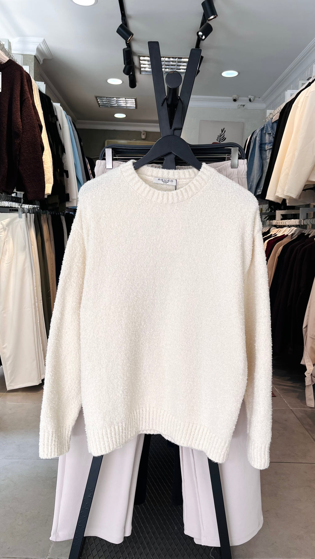 Oversize Buklet Ekru Triko Kazak 5120