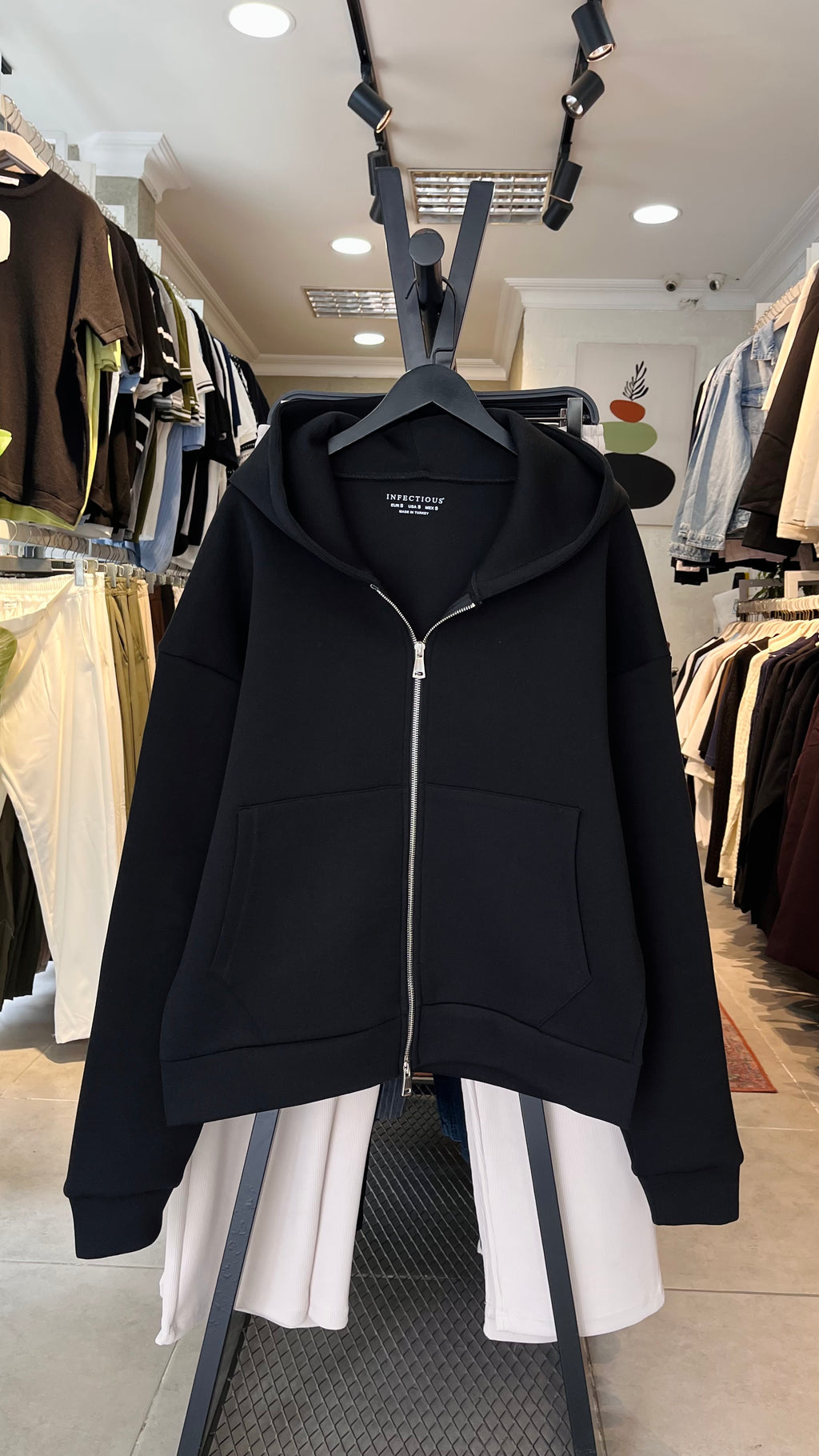 Oversize Panda Kumaş Çift Fermuarlı Kapüşonlu Siyah Sweatshirt 5110