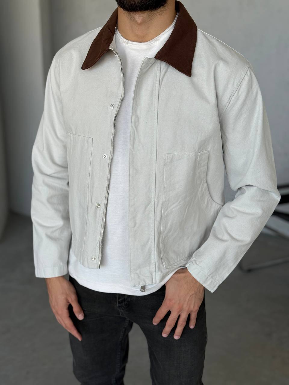 Gri Yakası Kahverengi Gabardin Ceket 2039