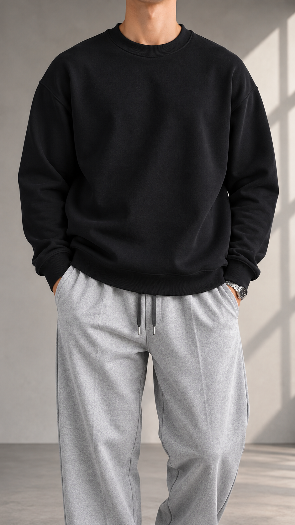 Oversize Üç İplik Şardonlu Siyah Sweatshirt 5135