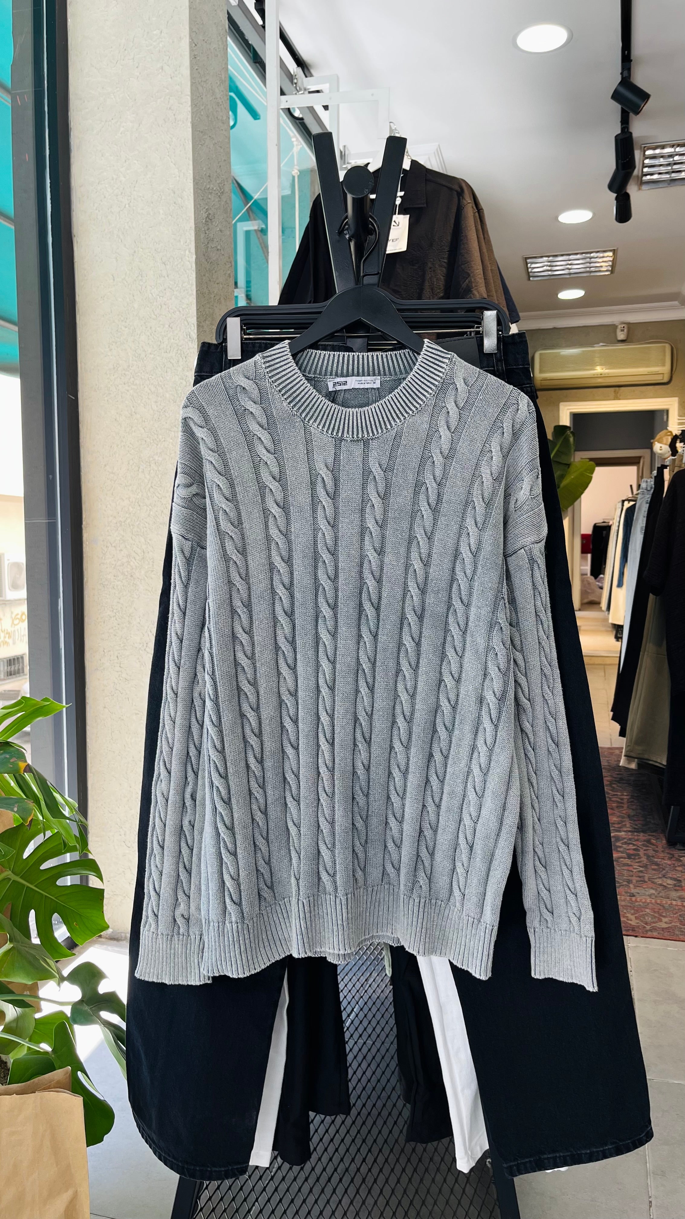 Oversize Örgü Desenli Yıkamalı Gri Triko 7005