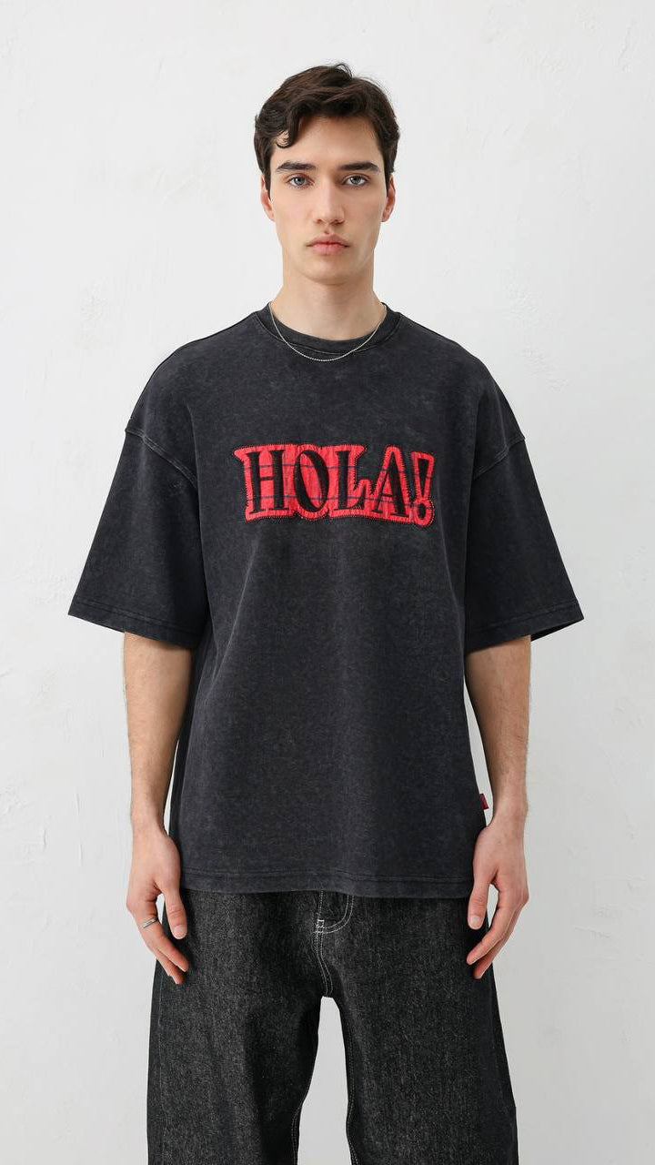 Oversize Premium Yıkamalı Nakışlı Siyah Tshirt 9410