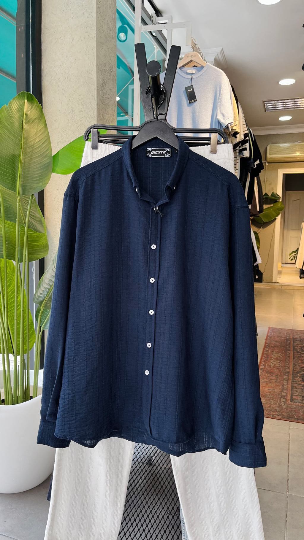 Oversize Lacivert Kendiliğinden Desenli Gömlek 5468