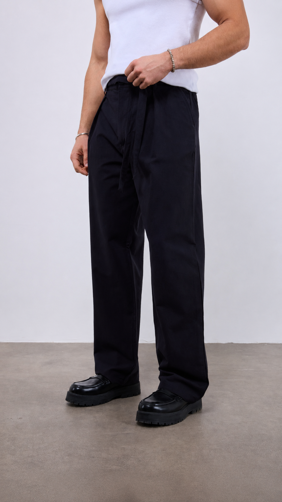 Baggy Kuşak Detaylı Siyah Keten Pantolon 6206