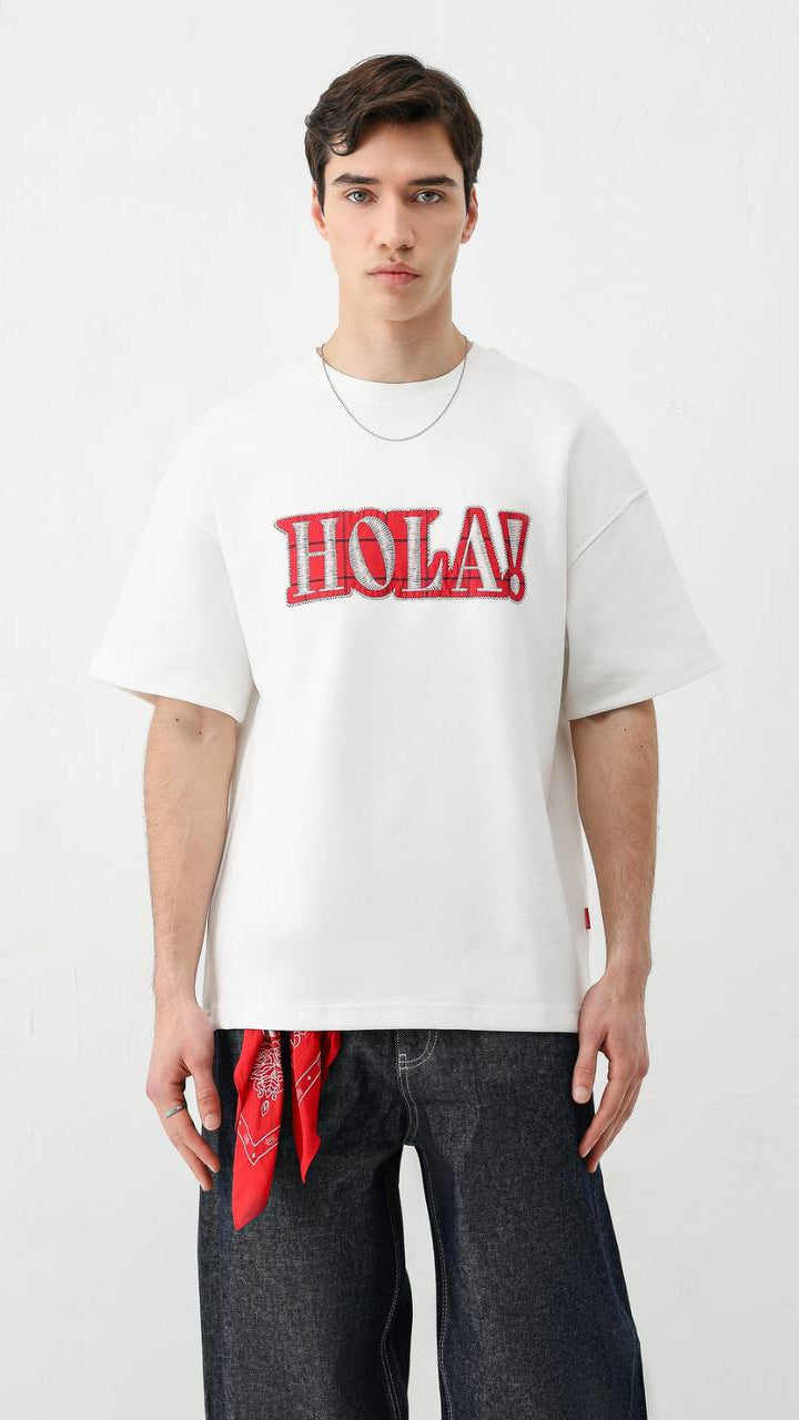 Oversize Premium Yıkamalı Nakışlı Beyaz Tshirt 9409