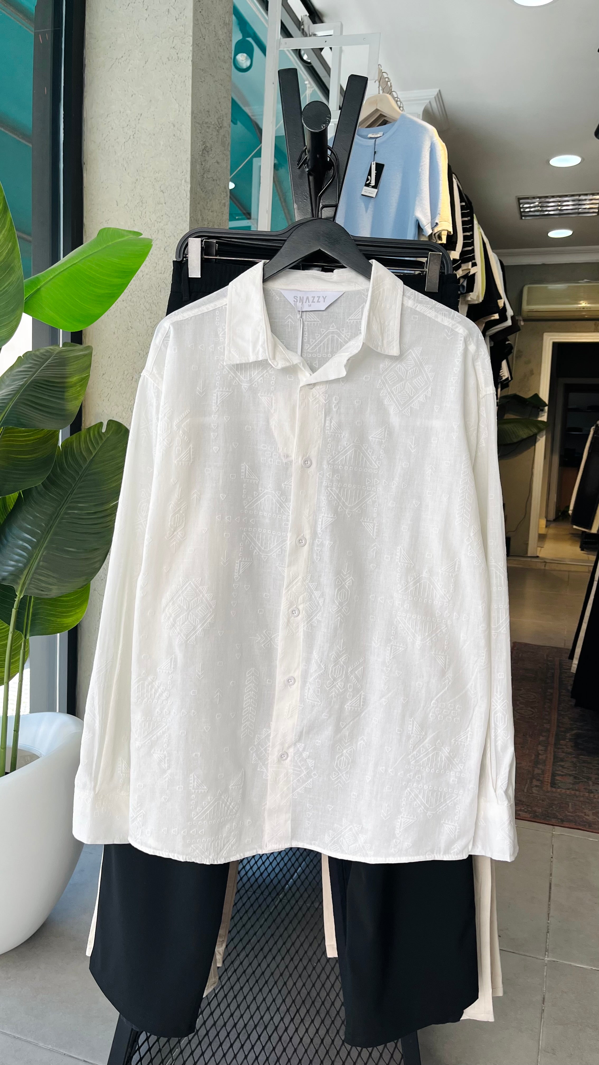 Oversize Beyaz Desenli Uzun Kollu Gömlek 5482