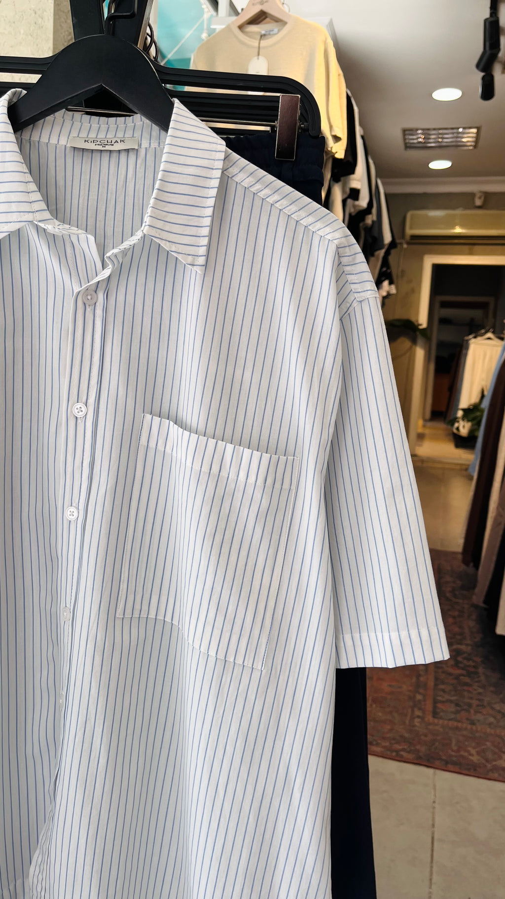 Oversize Mavi Çizgili Beyaz Kısa Kollu Gömlek 5503