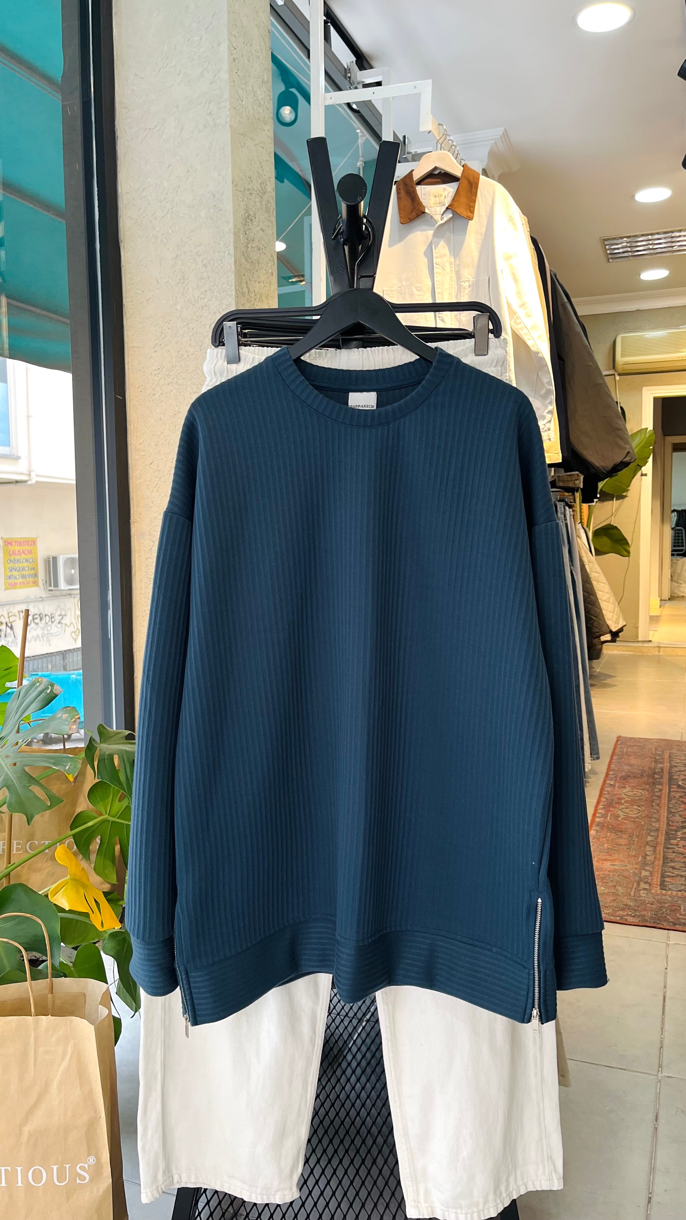 Oversize Yanları Fermuarlı Petrol Mavisi Sweatshirt 5003