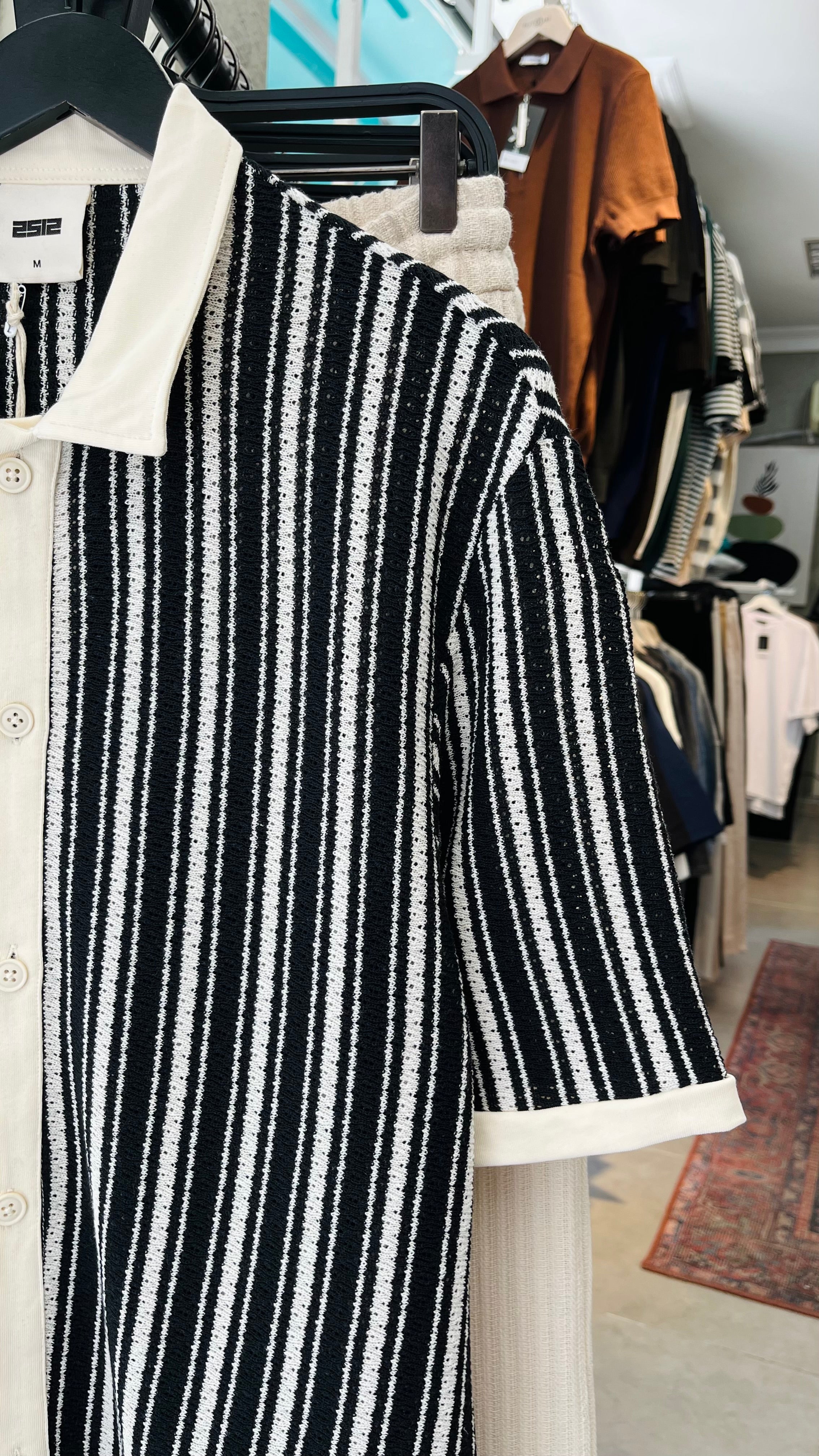 Oversize Siyah Beyaz Çizgili Kısa Kollu Gömlek - Siyah 5388