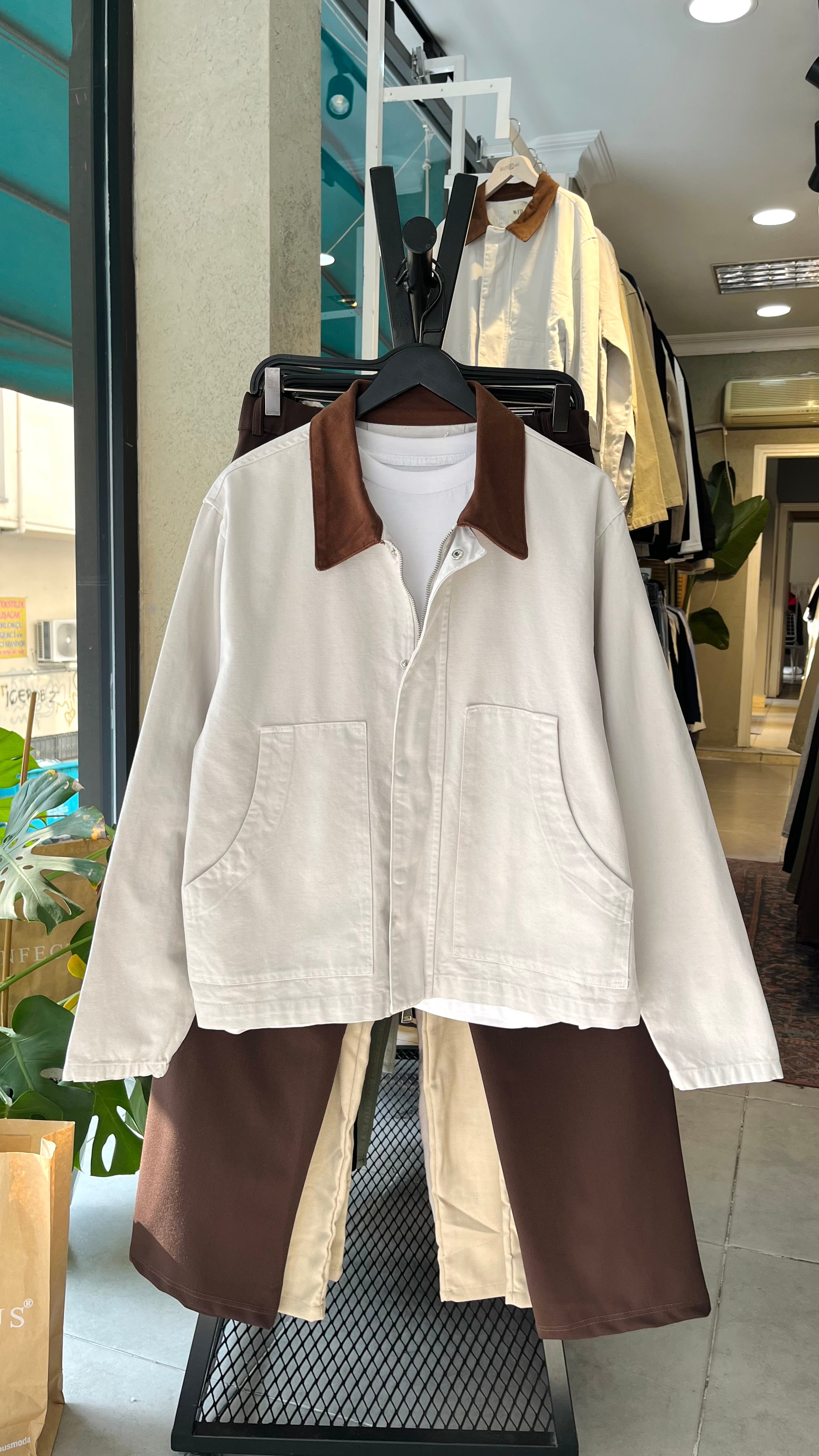 Gri Yakası Kahverengi Gabardin Ceket 2039