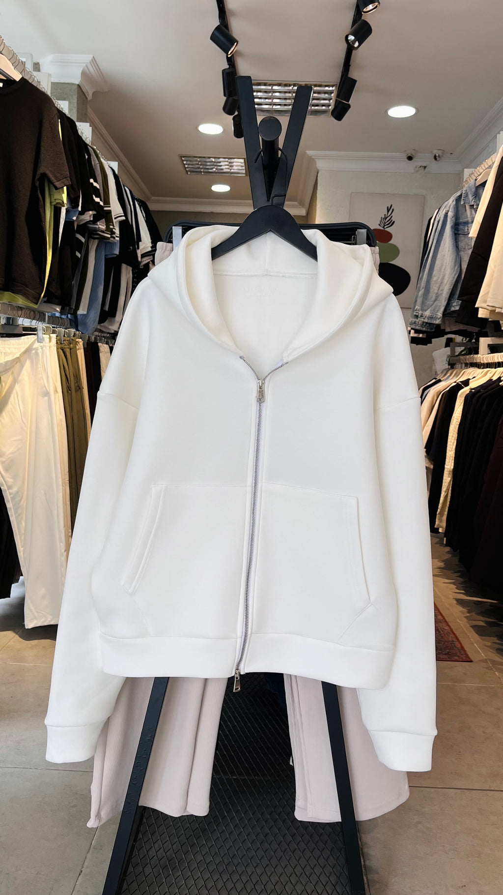 Oversize Panda Kumaş Çift Fermuarlı Kapüşonlu Beyaz Sweatshirt 5111