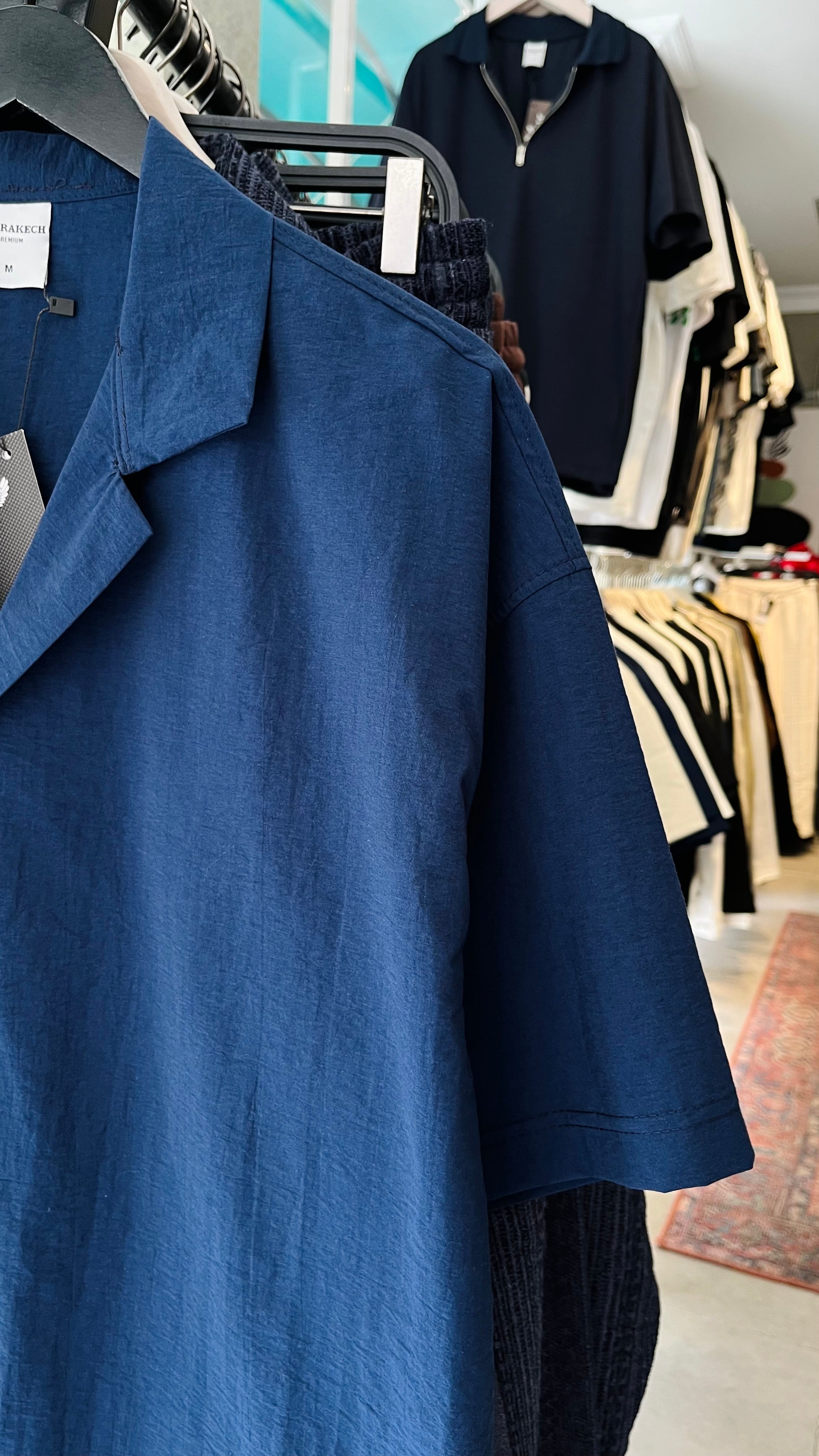 Oversize Lacivert Apaş Yaka Kısa Kollu Gömlek - Lacivert 5369