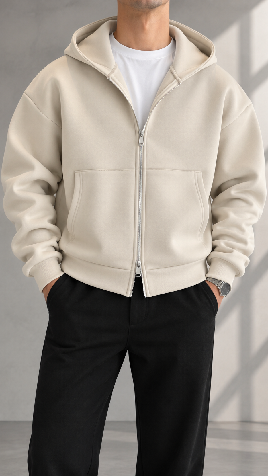 Oversize Panda Kumaş Çift Fermuarlı Kapüşonlu Bej Sweatshirt 5112