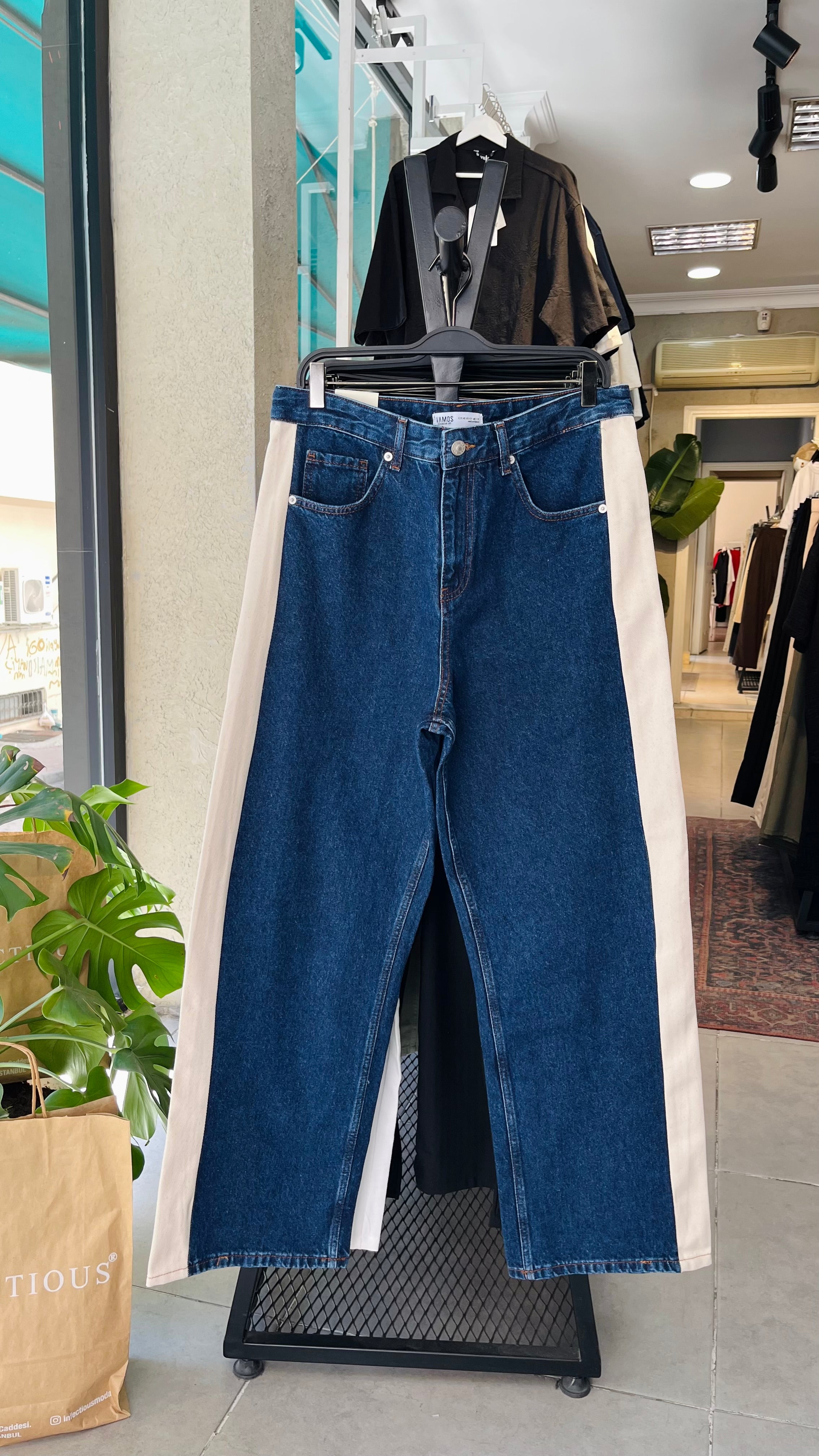 Baggy Mavi Kenarları Bej Jean 3315
