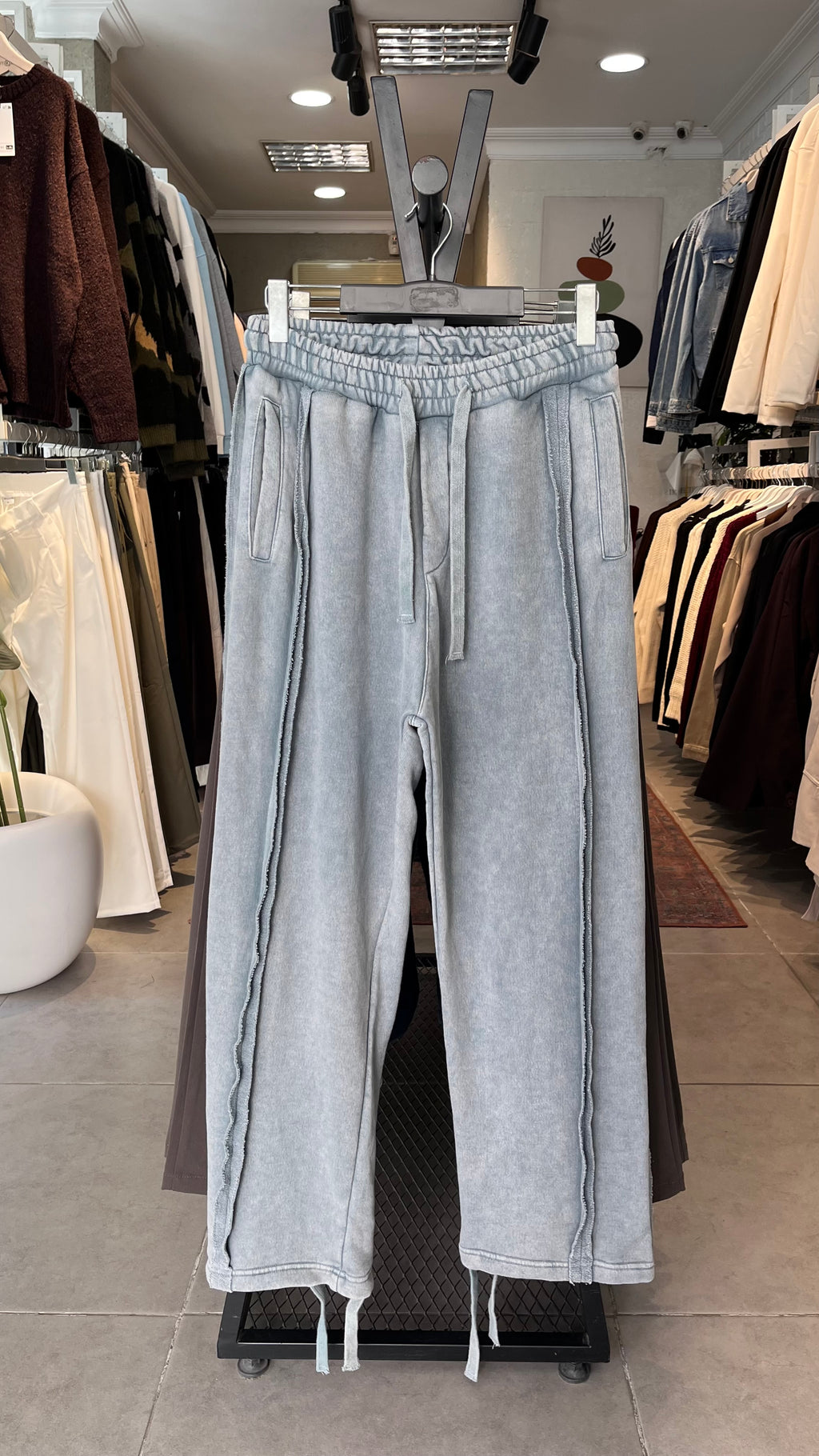 Baggy Premium Paçaları İp Detaylı Gri Yıkamalı Eşofman 6250