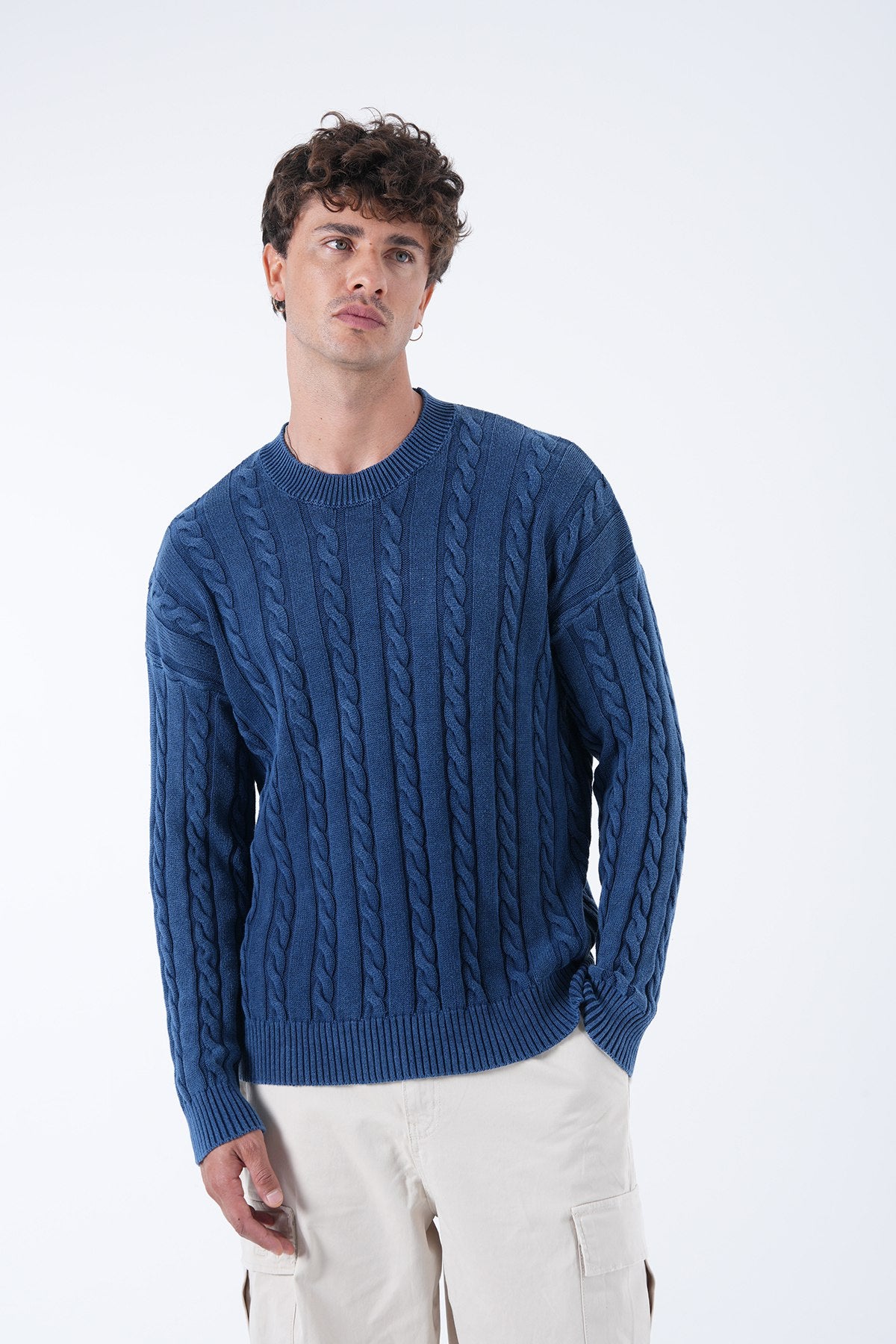 Oversize Örgü Desenli Yıkamalı Lacivert Triko 7004