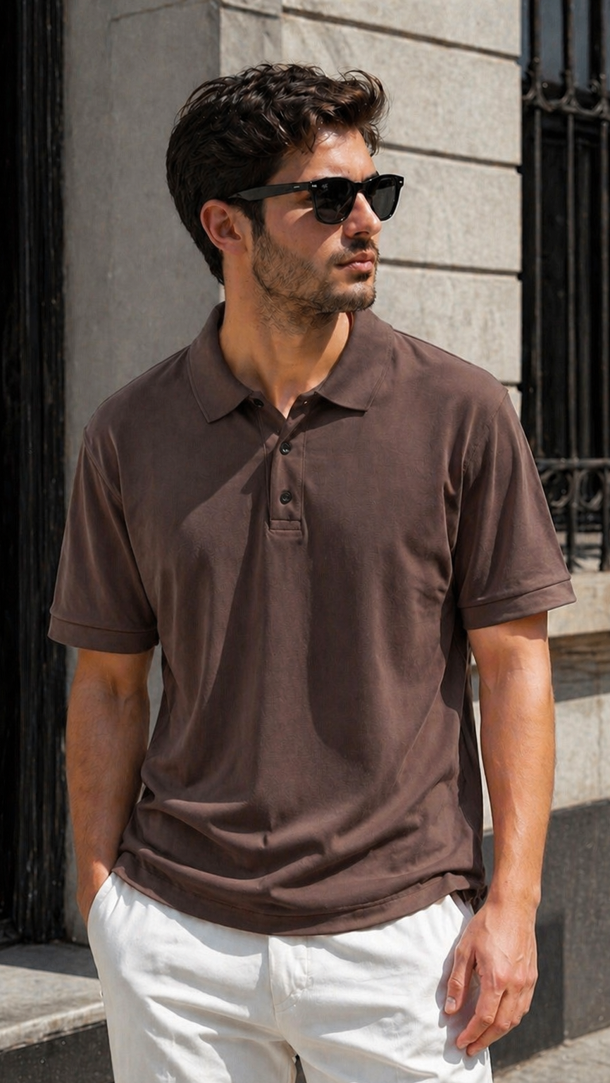 Rahat Kalıp Kahverengi Yakalı Tshirt 9387
