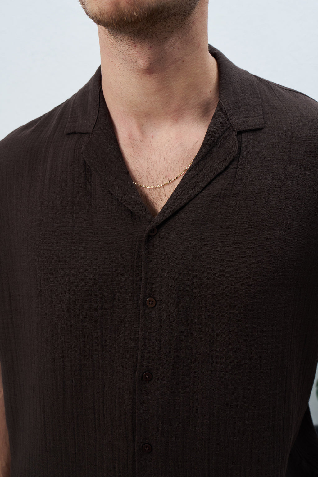 Oversize Kahverengi Müslin Kumaş Kısa Kollu Gömlek 5494