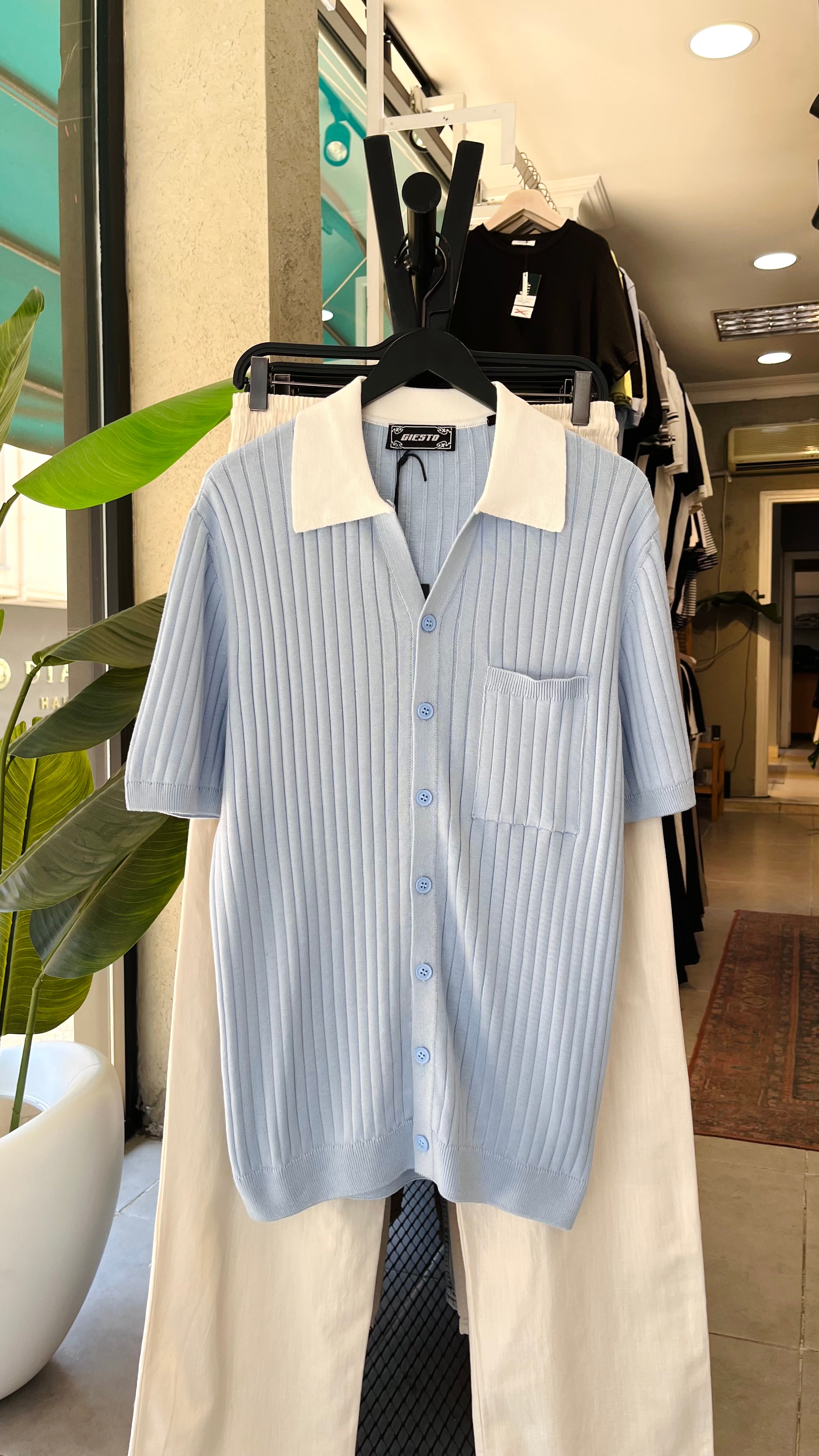 Yaka Beyaz Triko Kısa Kollu Bebe Mavisi Gömlek 5515