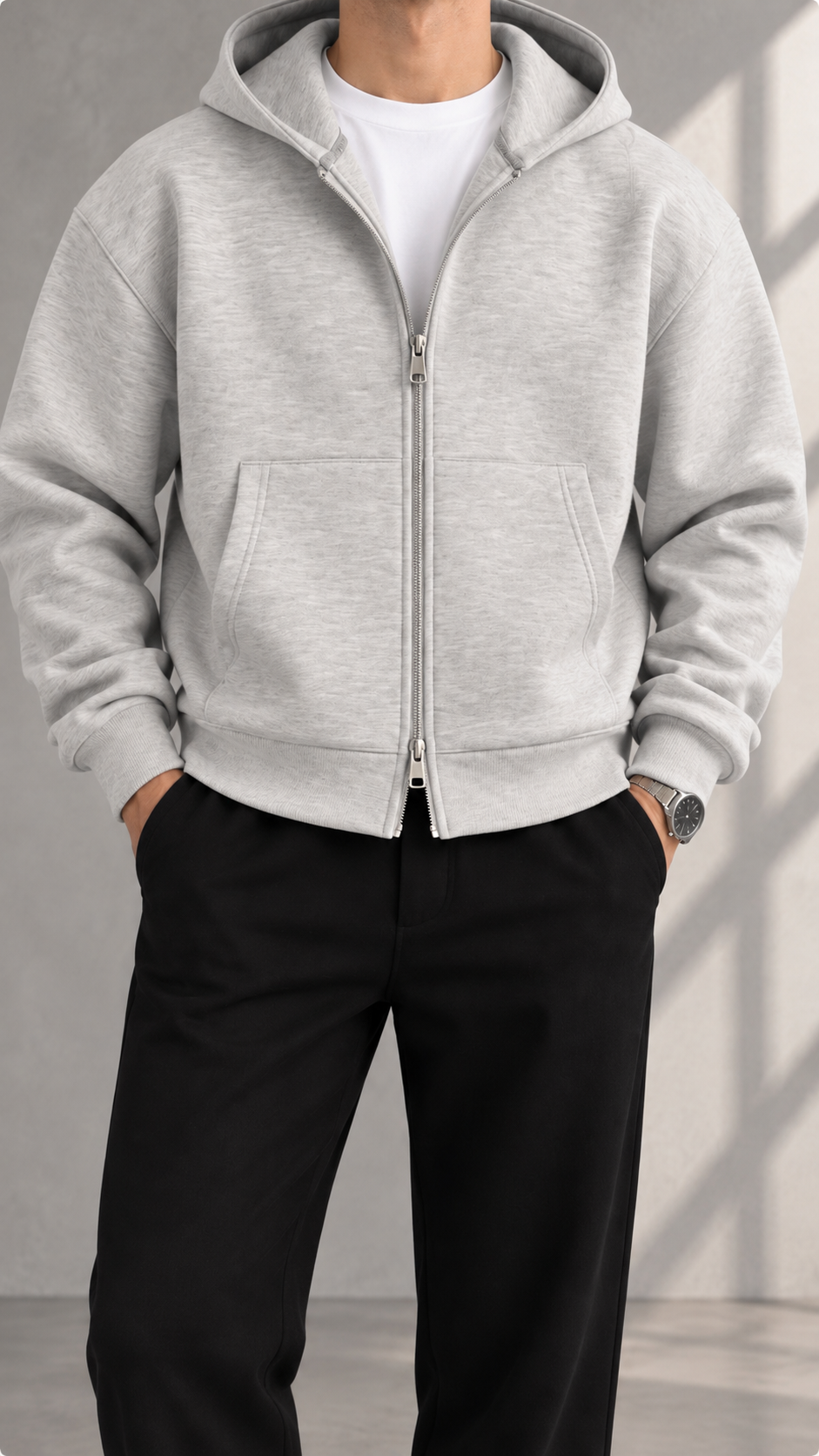 Oversize Panda Kumaş Çift Fermuarlı Kapüşonlu Gri Sweatshirt 5109