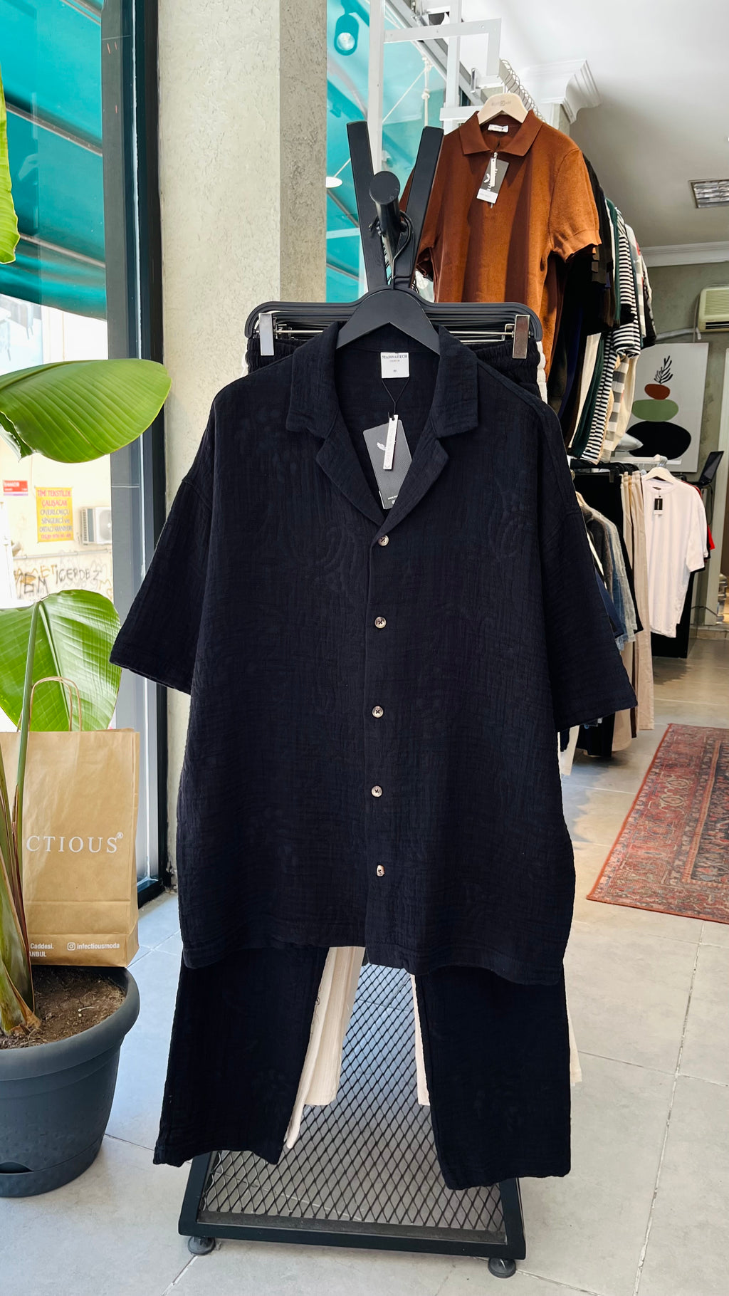 Oversize Müslin Kumaş Gömlek Pantolon Takım - Siyah 5384