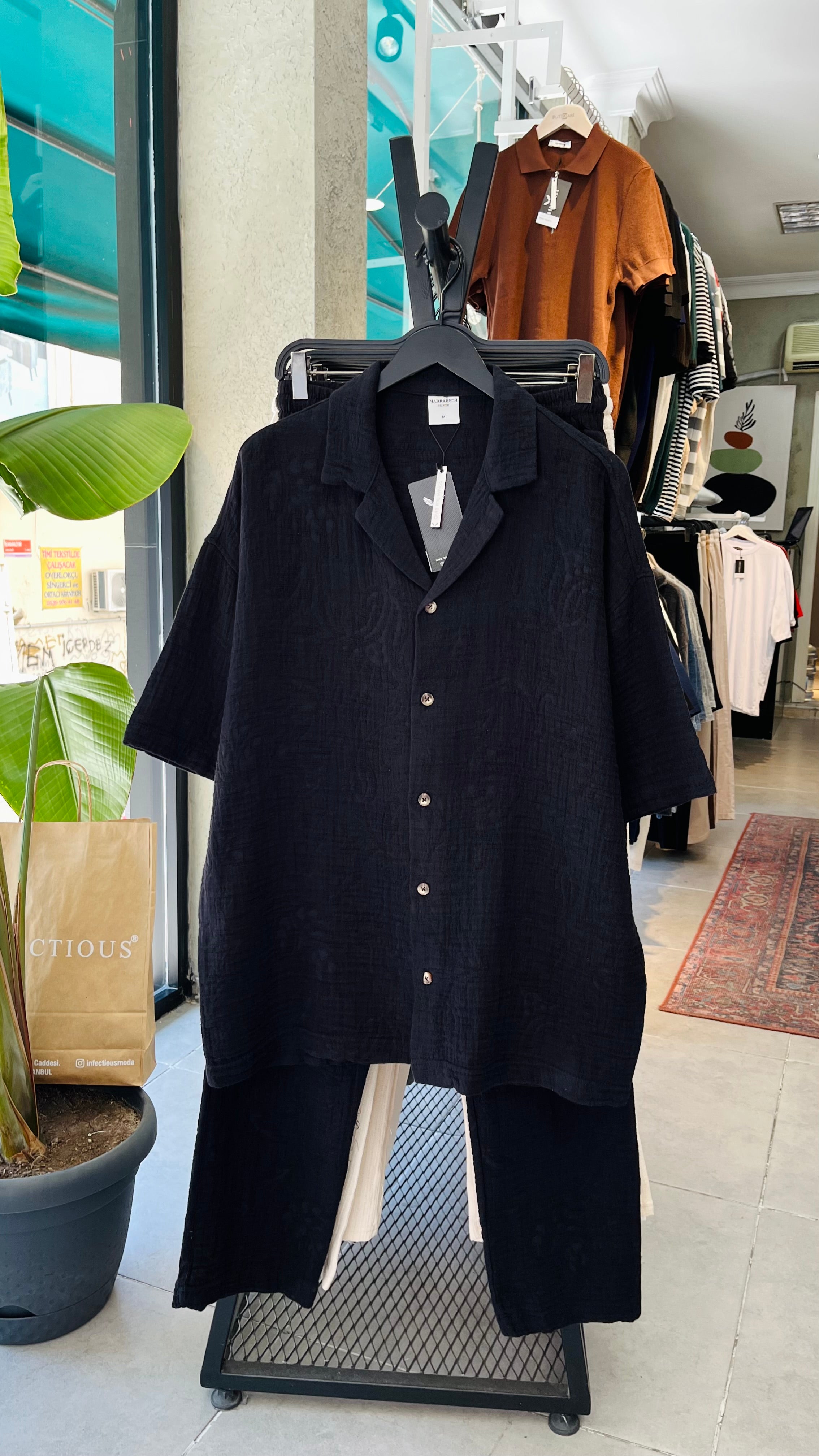 Oversize Müslin Kumaş Gömlek Pantolon Takım - Siyah 5384