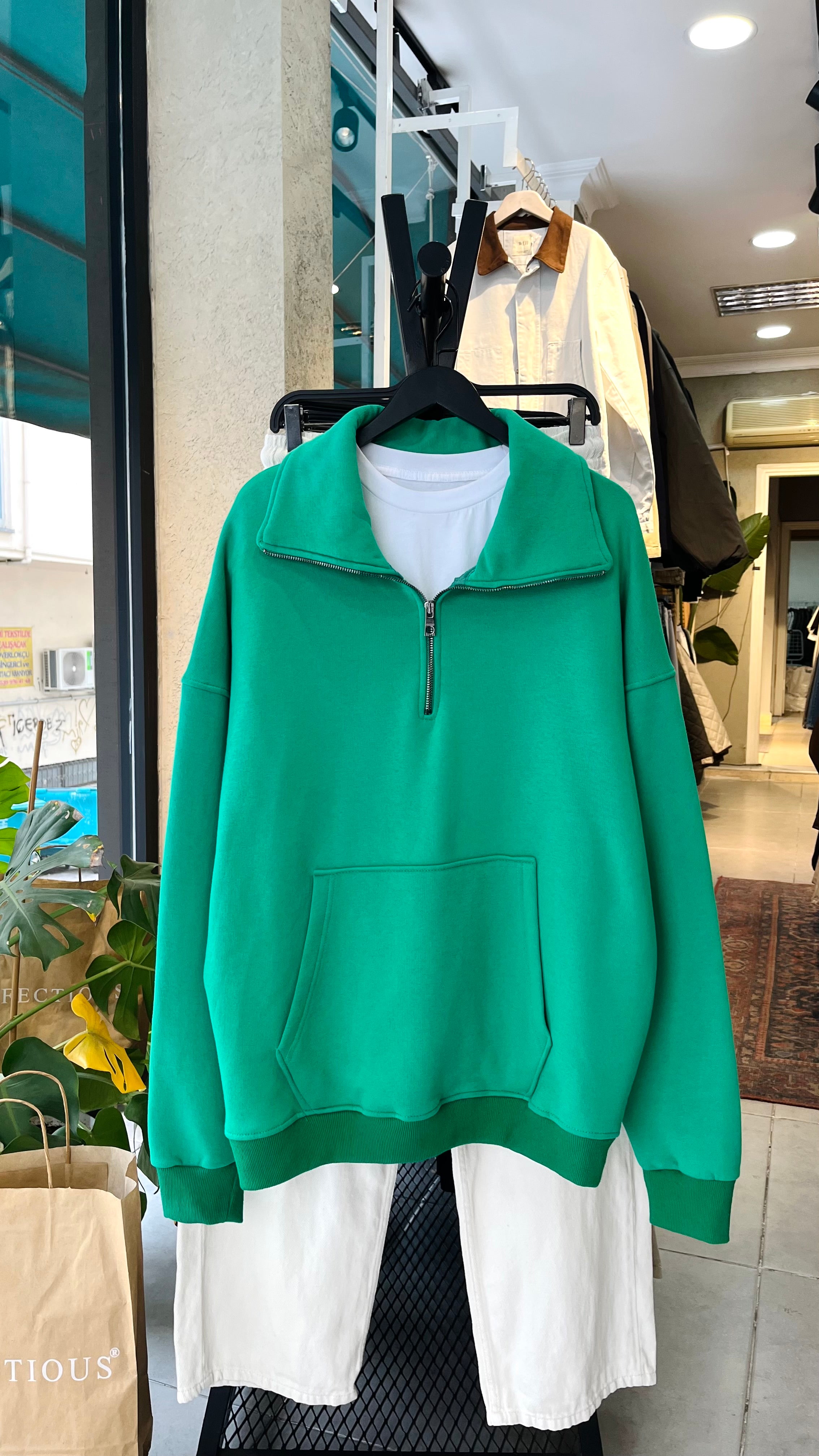 Oversize Yakalı Fermuarlı Yeşil Sweatshirt 5001