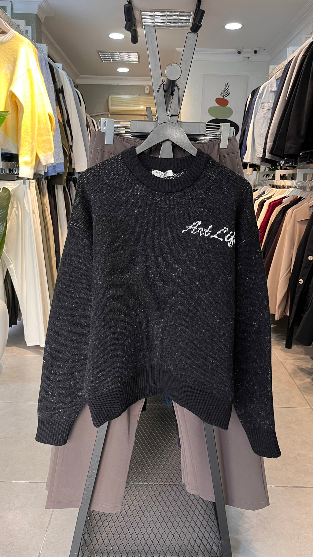 Oversize Art Life Ön ve Sırt Yazılı Siyah Triko Kazak 5143