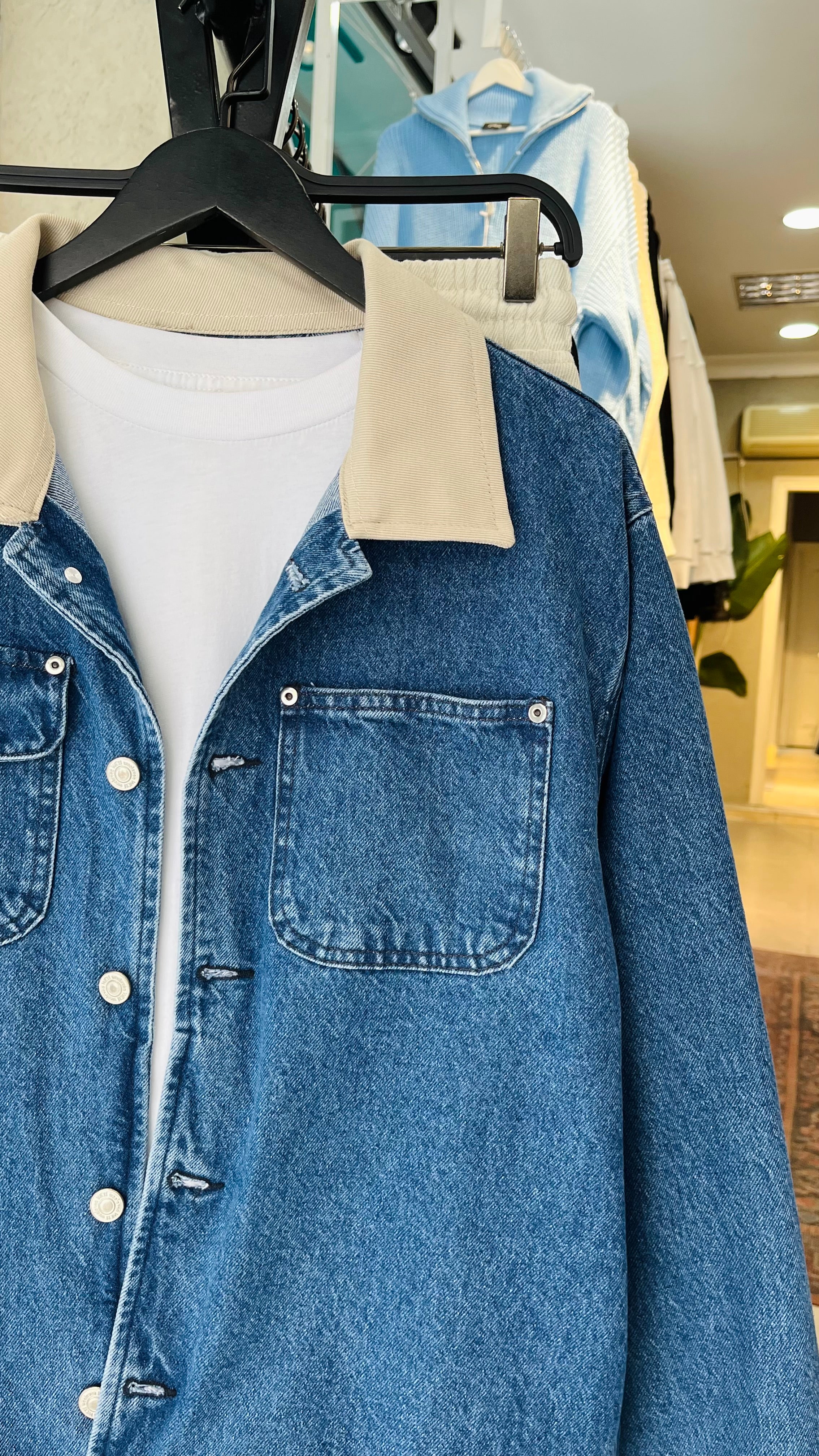 Yakası Bej Kot Ceket Mavi 2036