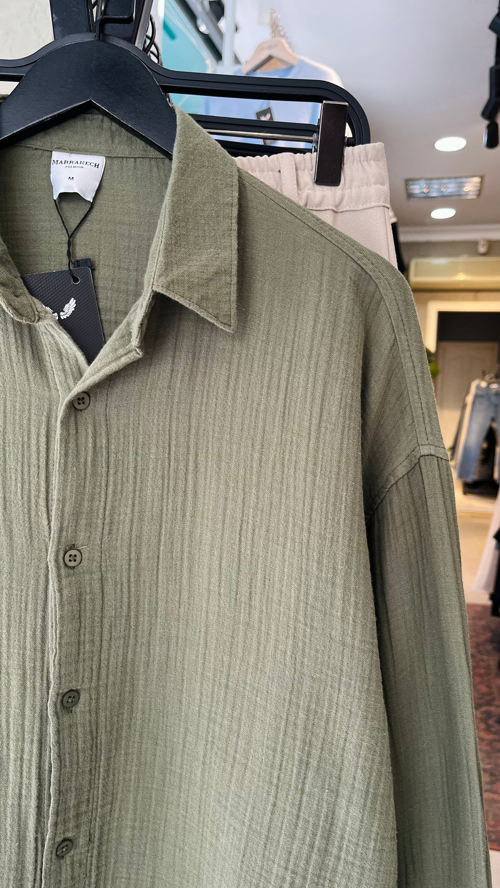Oversize Müslin Kumaş Haki Uzun Kollu Gömlek 5460