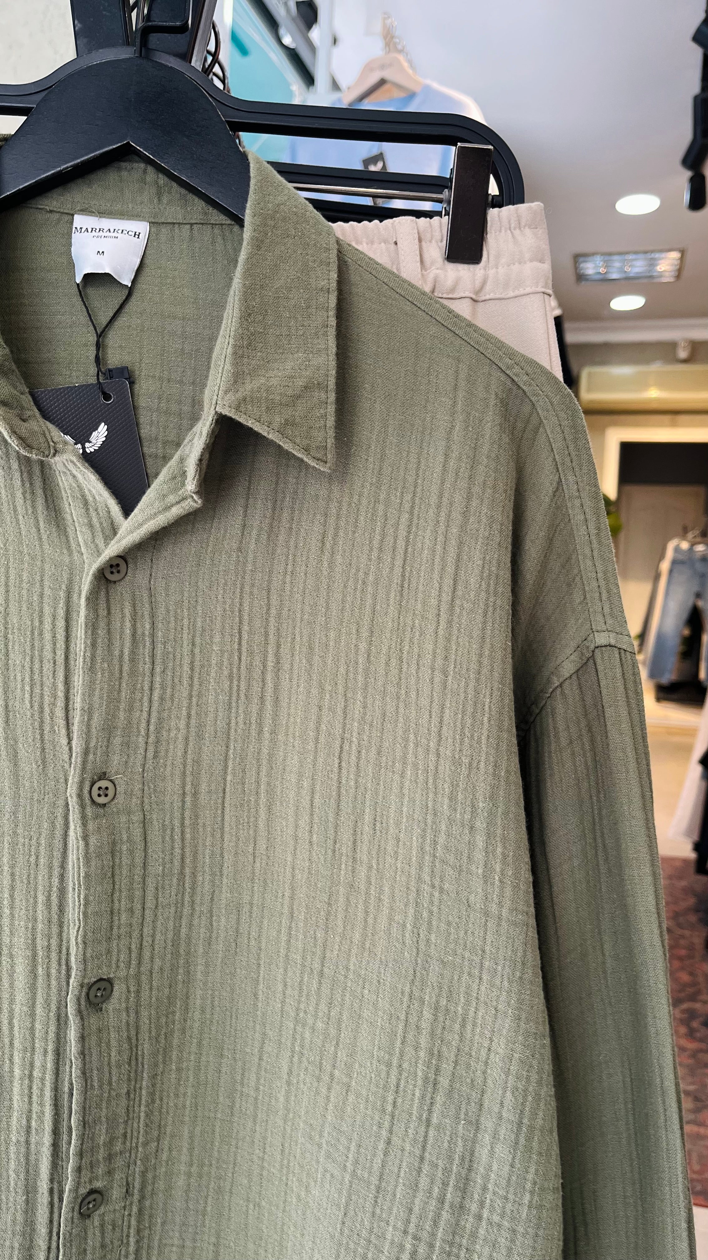 Oversize Müslin Kumaş Haki Uzun Kollu Gömlek 5460
