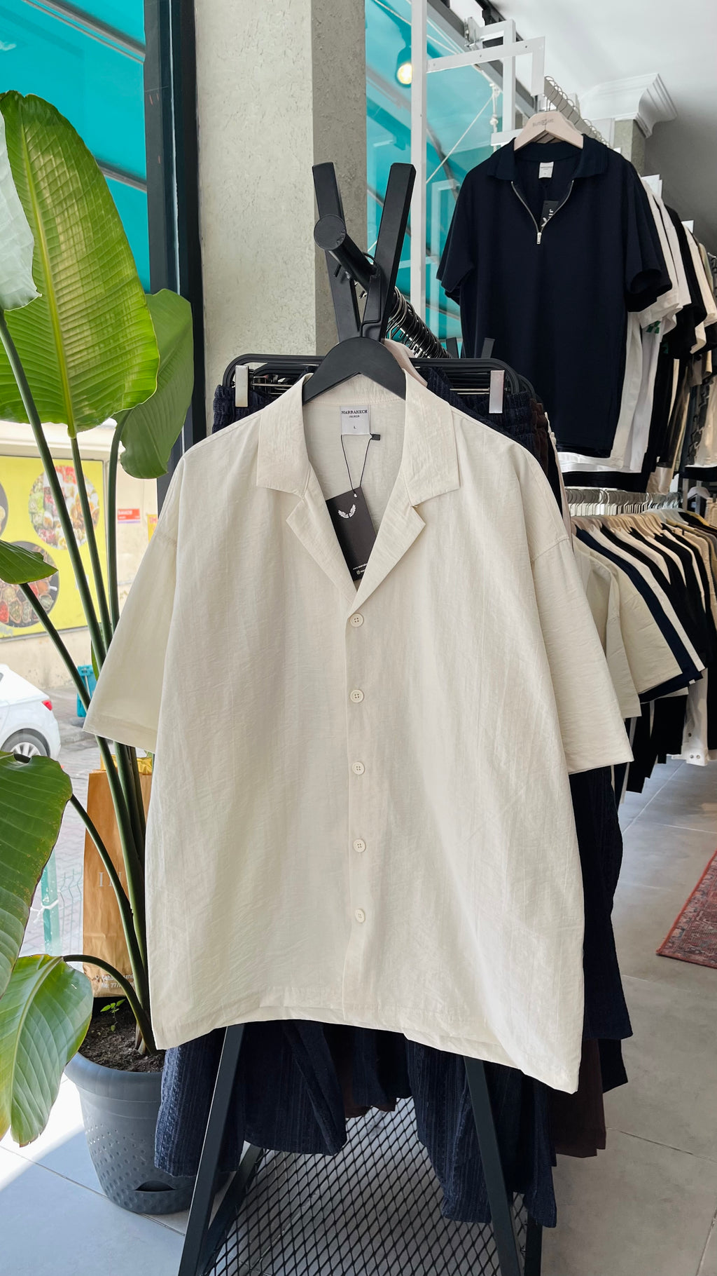 Oversize Bej Apaş Yaka Kısa Kollu Gömlek - Bej 5366