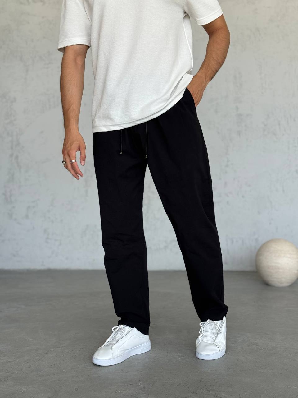 Baggy Siyah Düğmeli ve İpli Likralı Pantolon - Siyah 6140