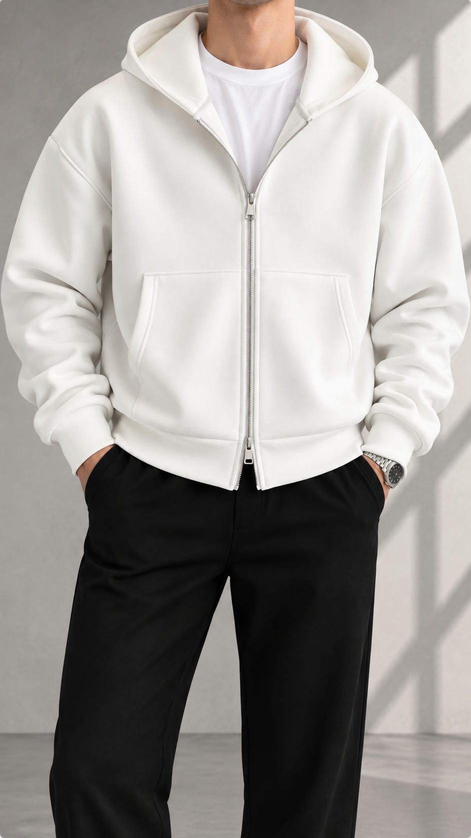 Oversize Panda Kumaş Çift Fermuarlı Kapüşonlu Beyaz Sweatshirt 5111