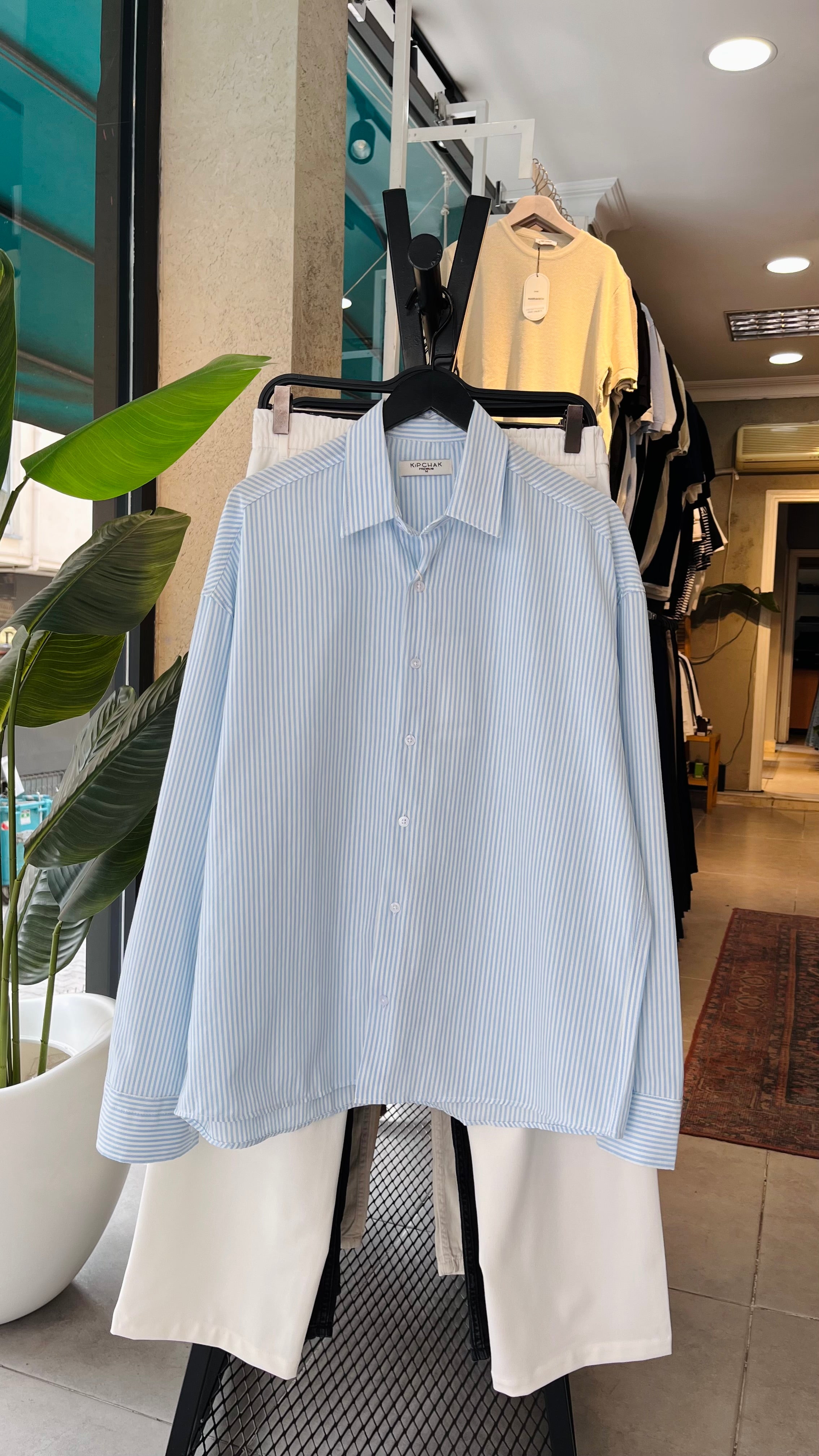 Oversize Mavi Beyaz Çizgili Uzun Kollu Gömlek 5495